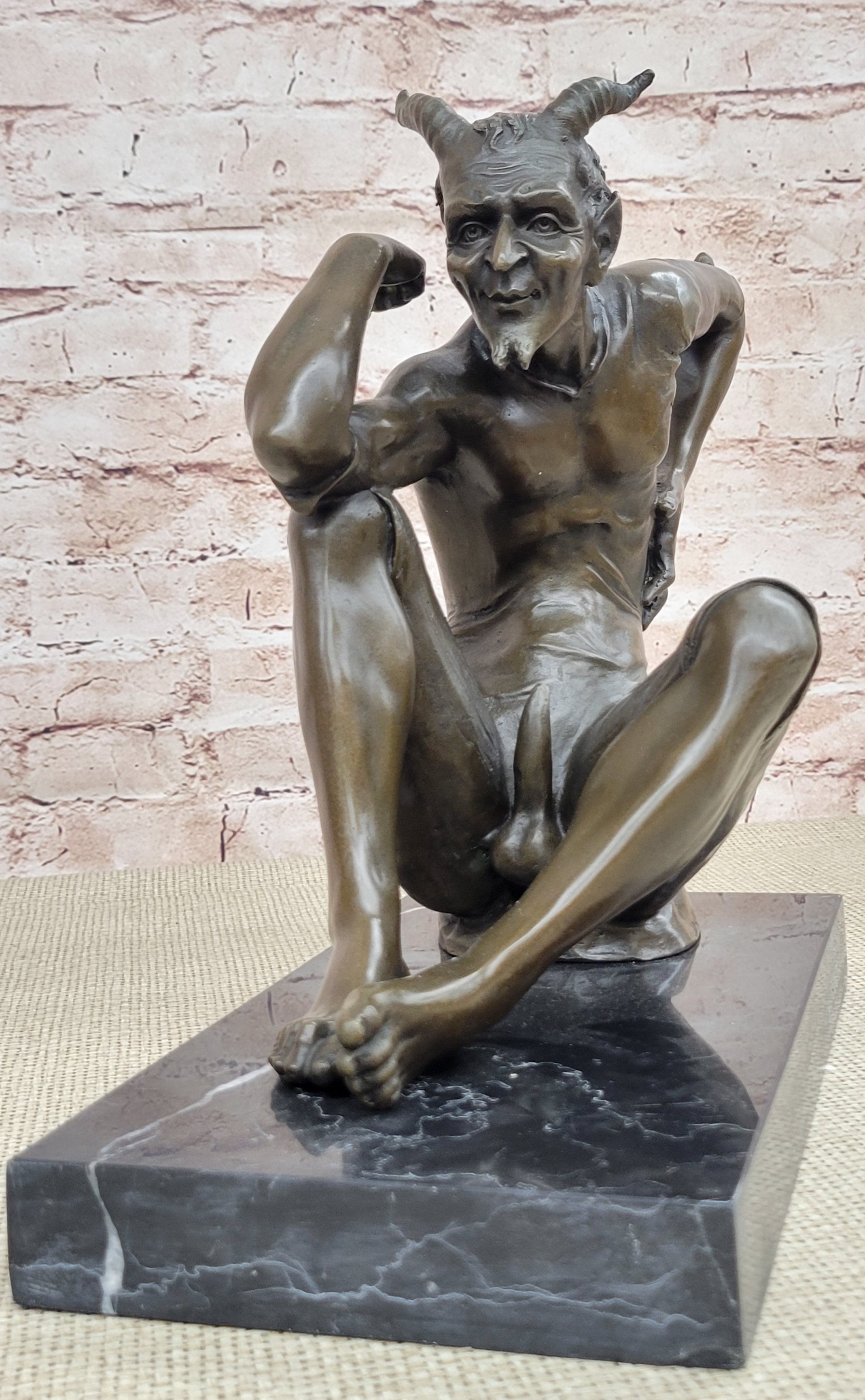 Milo`s Erotic Art Deco Bronze: Lustful Devil Satyr Faun Sculpture - Unique Decor