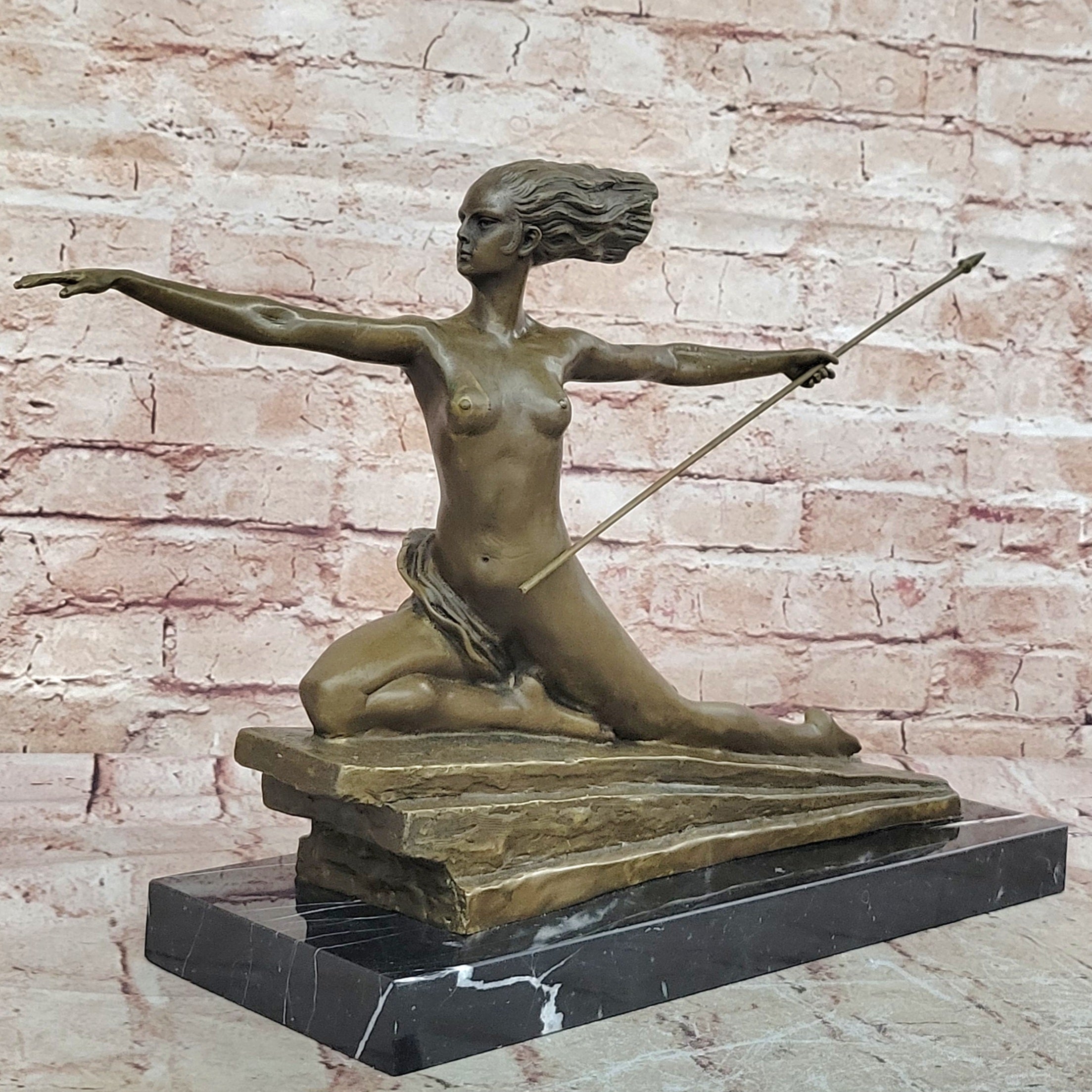 Art Deco Female Warrior Bronze Sculpture Marble Base Figurine Statue Sale
