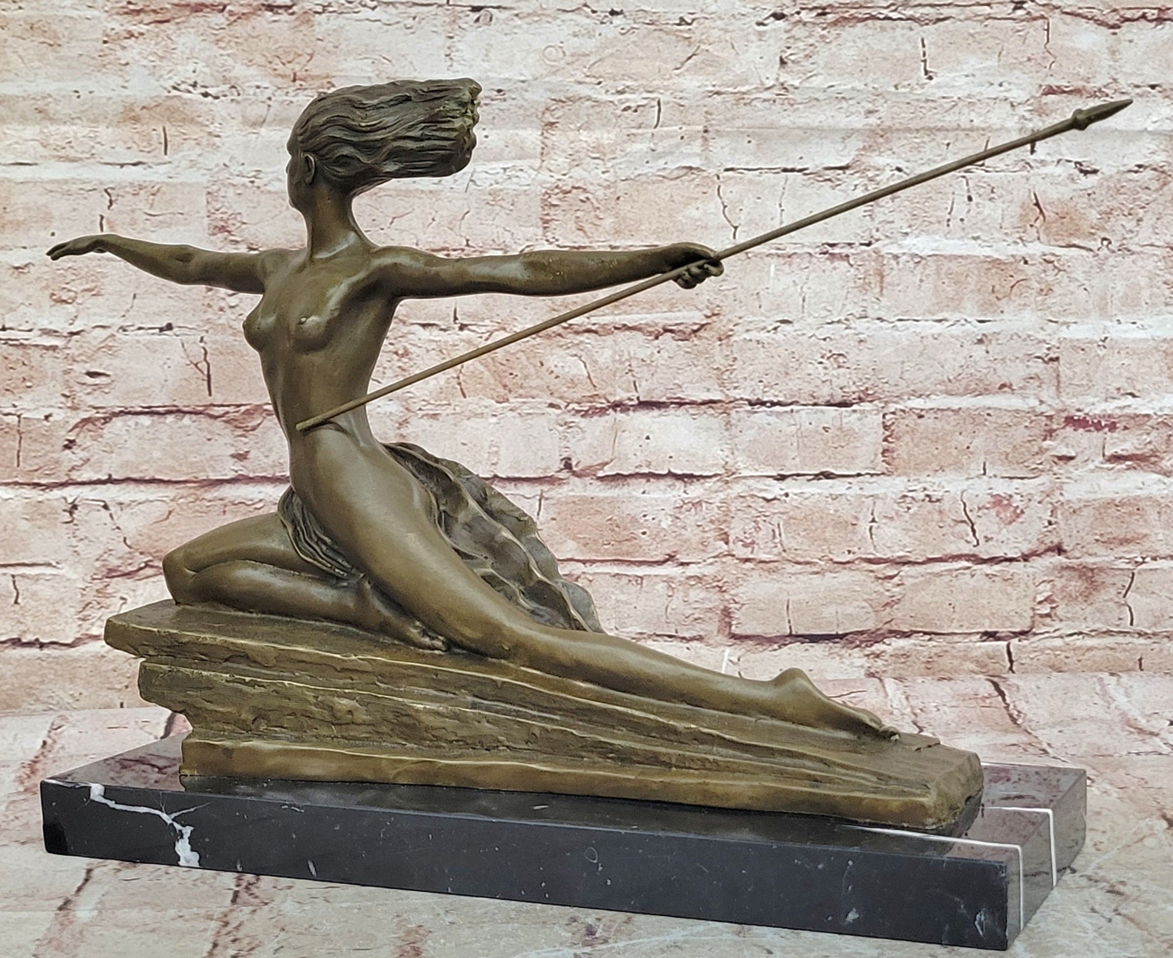 Art Deco Female Warrior Bronze Sculpture Marble Base Figurine Statue Sale