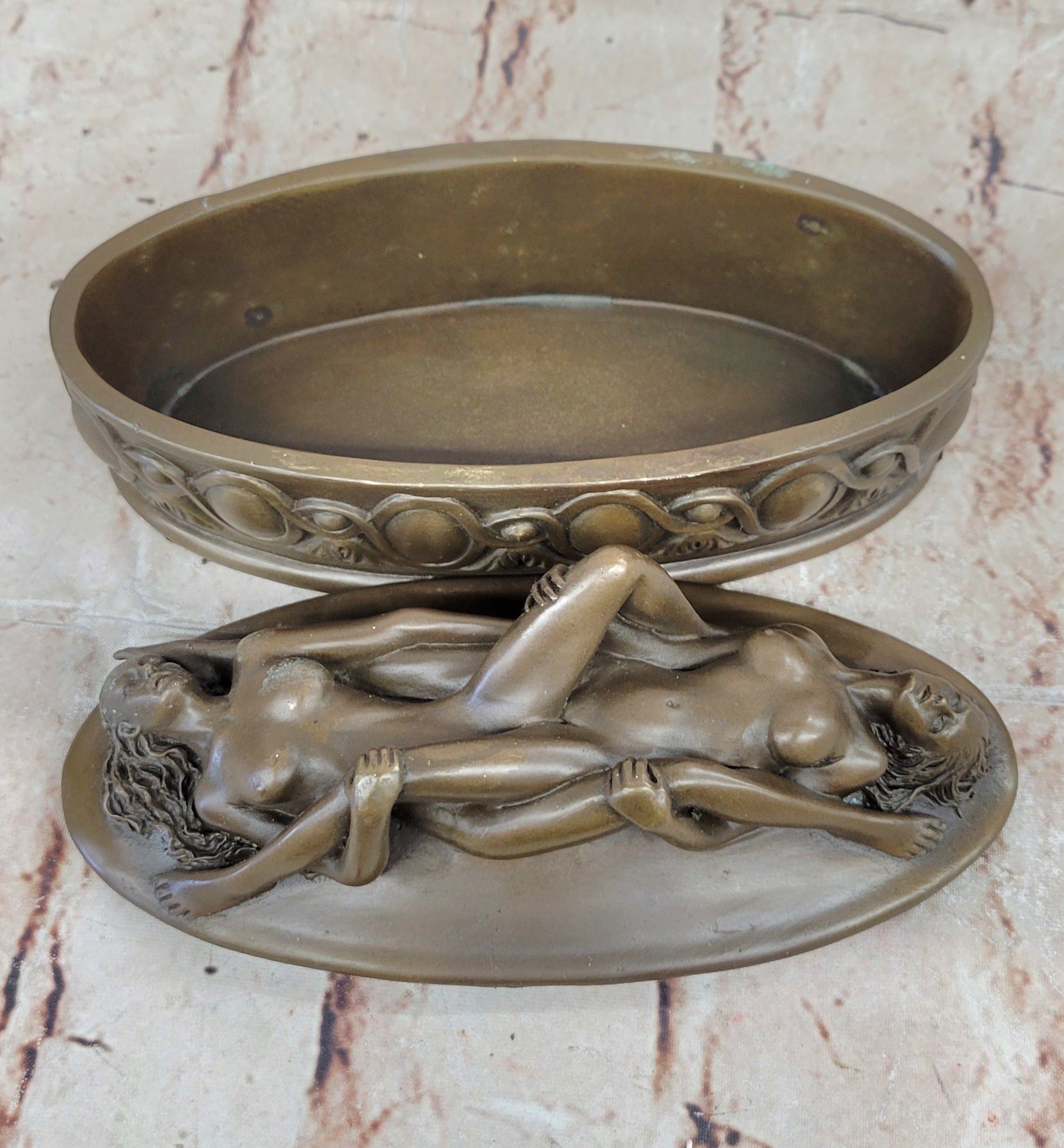 Milo Signed Bronze Jewelry Box – Two Women Erotic Sculpture Trinket Box