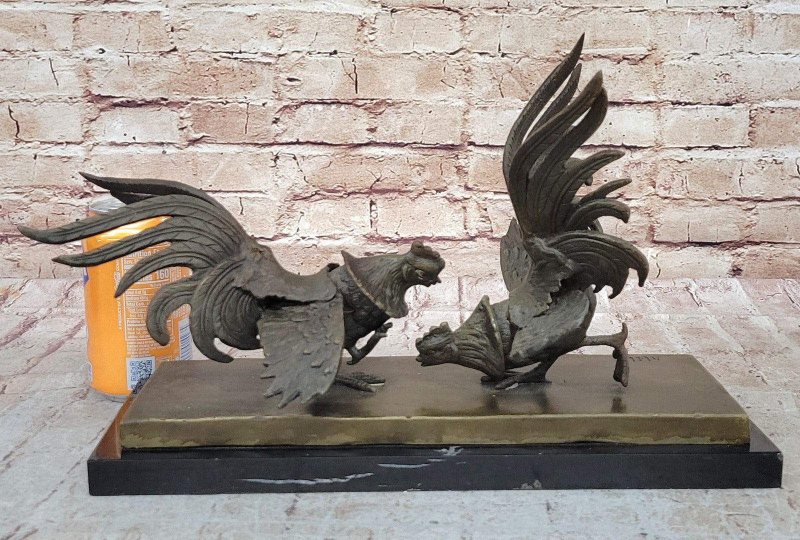 Hand Made Bronze Rooster Cock Fight Sculpture by Miguel Lopez on Marble Base