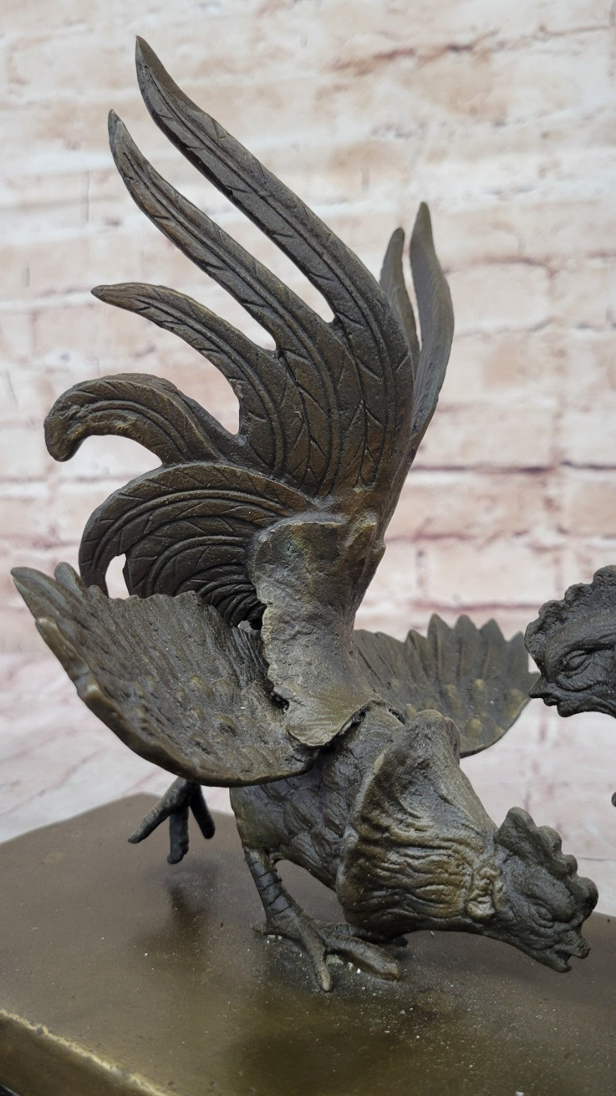 Hand Made Bronze Rooster Cock Fight Sculpture by Miguel Lopez on Marble Base