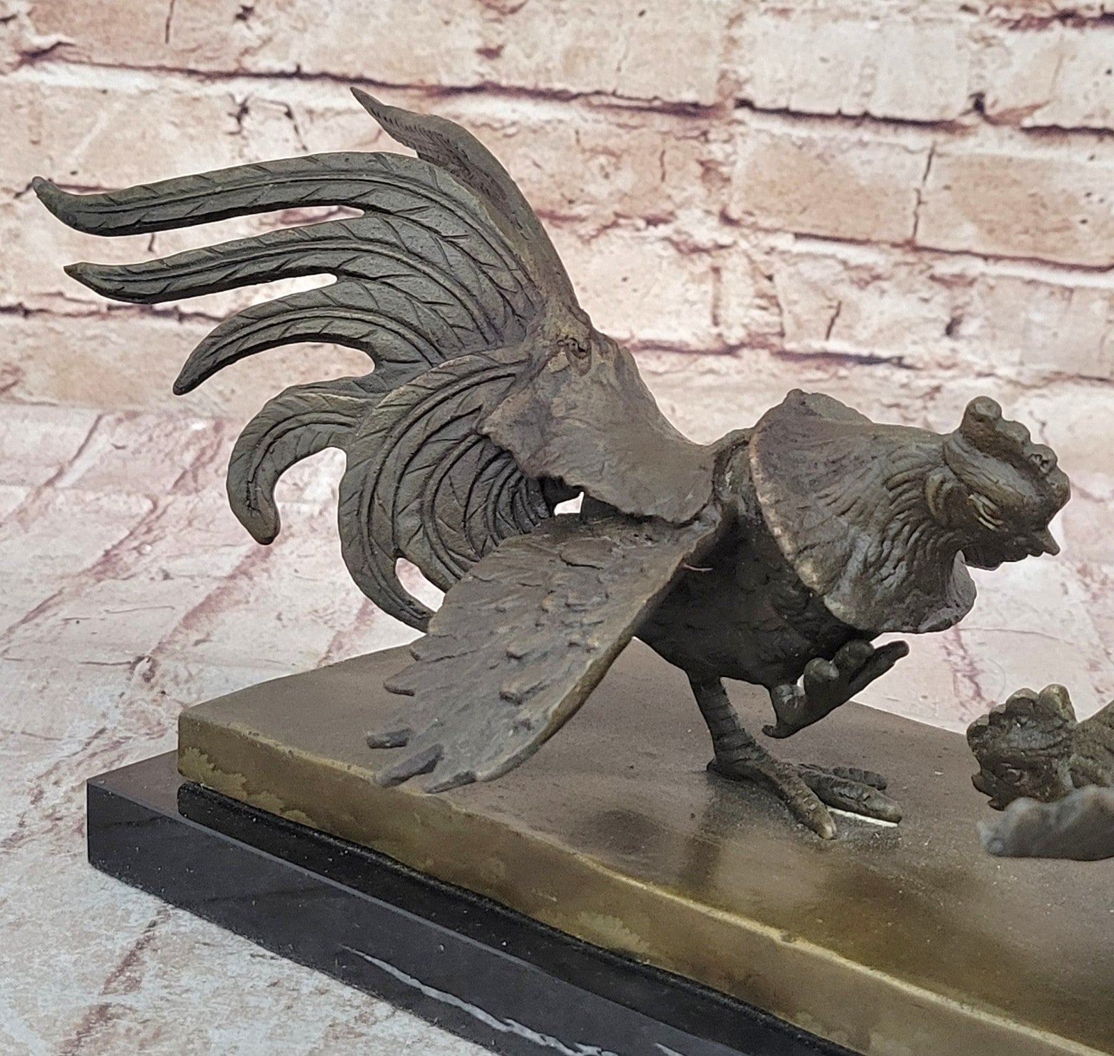 Hand Made Bronze Rooster Cock Fight Sculpture by Miguel Lopez on Marble Base