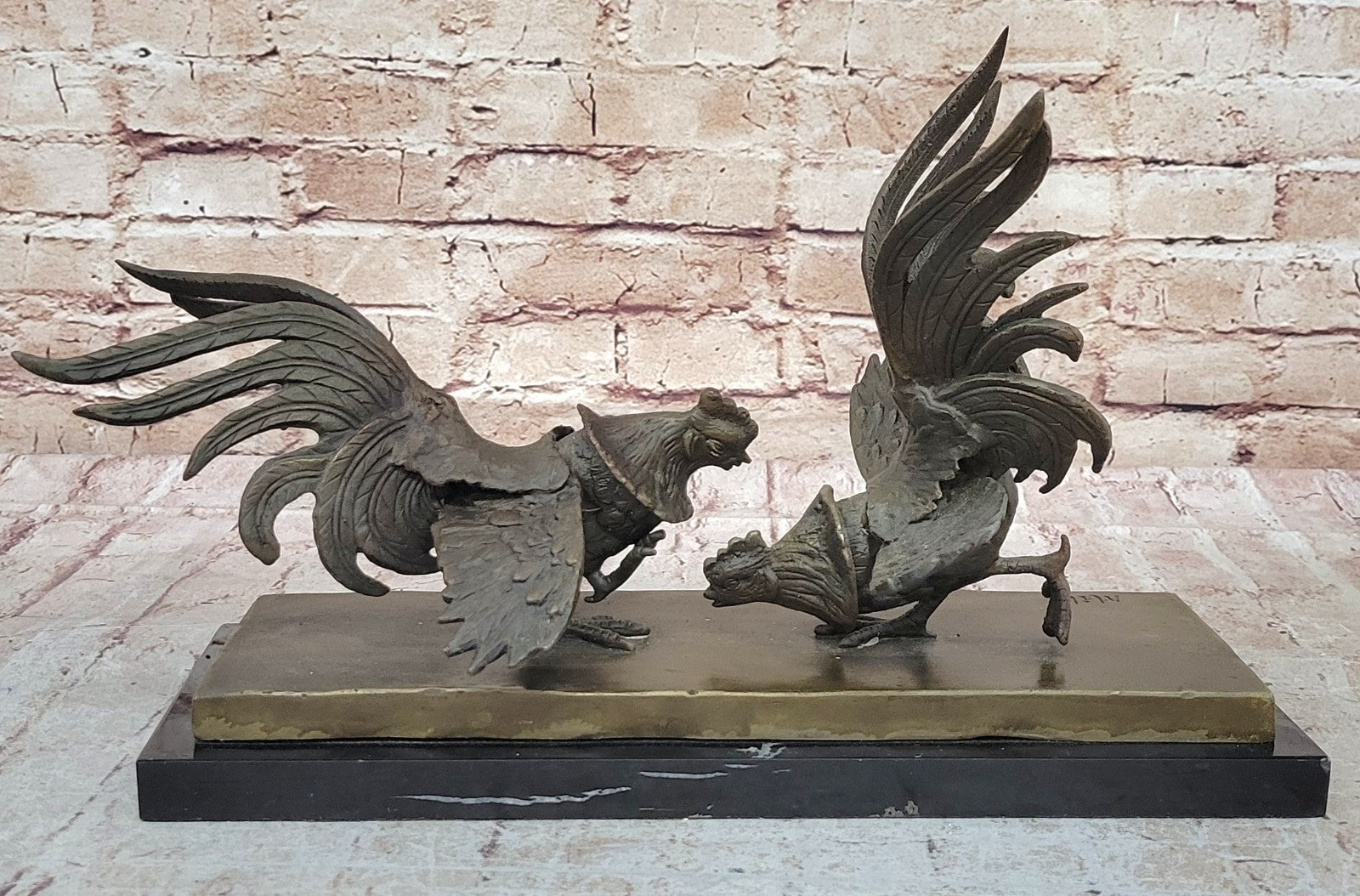 Hand Made Bronze Rooster Cock Fight Sculpture by Miguel Lopez on Marble Base