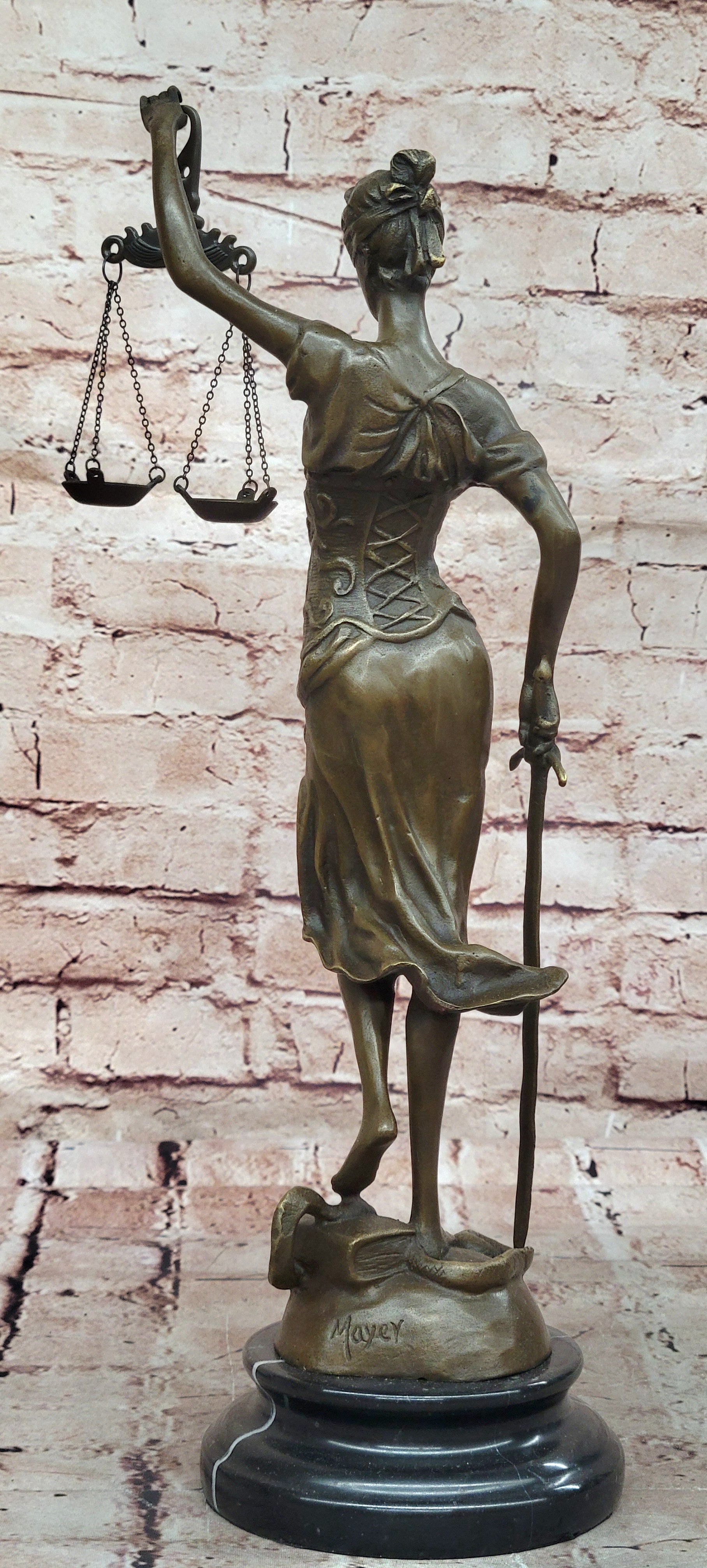 Real Bronze Metal Statue with Marble Lady Blind Justice Scales Lawyer Sculpture