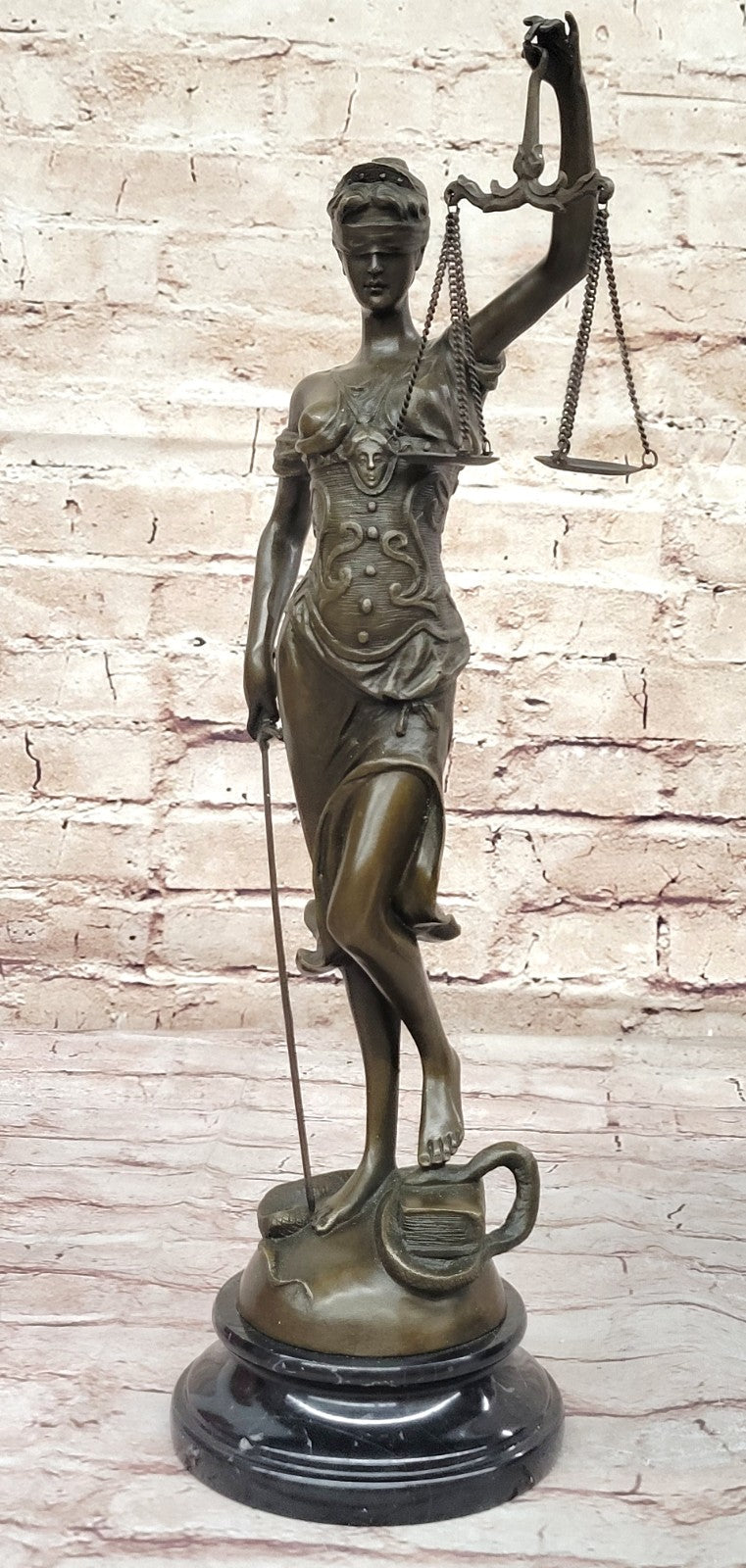 Real Bronze Metal Statue with Marble Lady Blind Justice Scales Lawyer Sculpture
