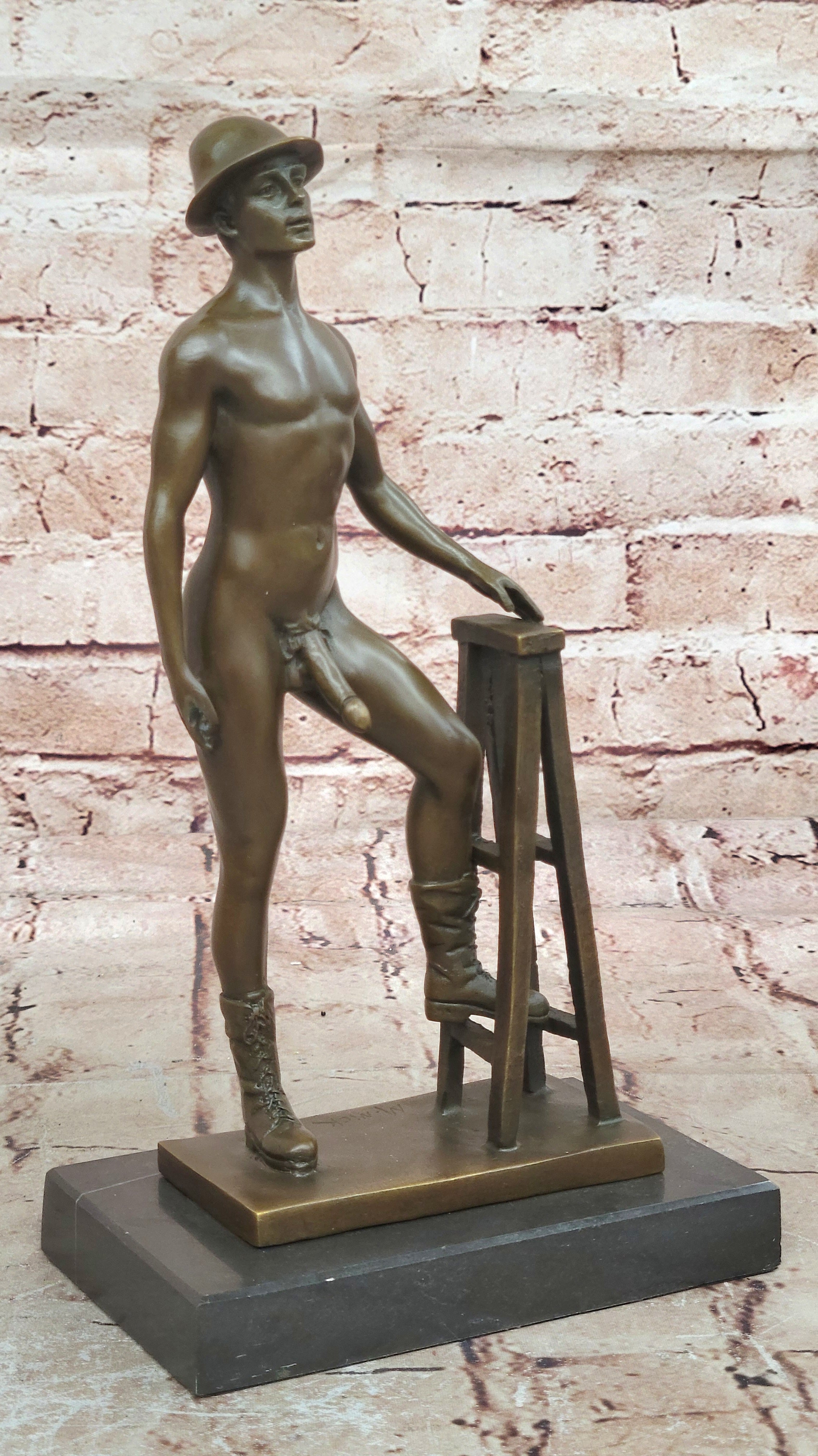 Signed Original Artwork Construction Worker Gay Solid Bronze Sculpture Nude Art