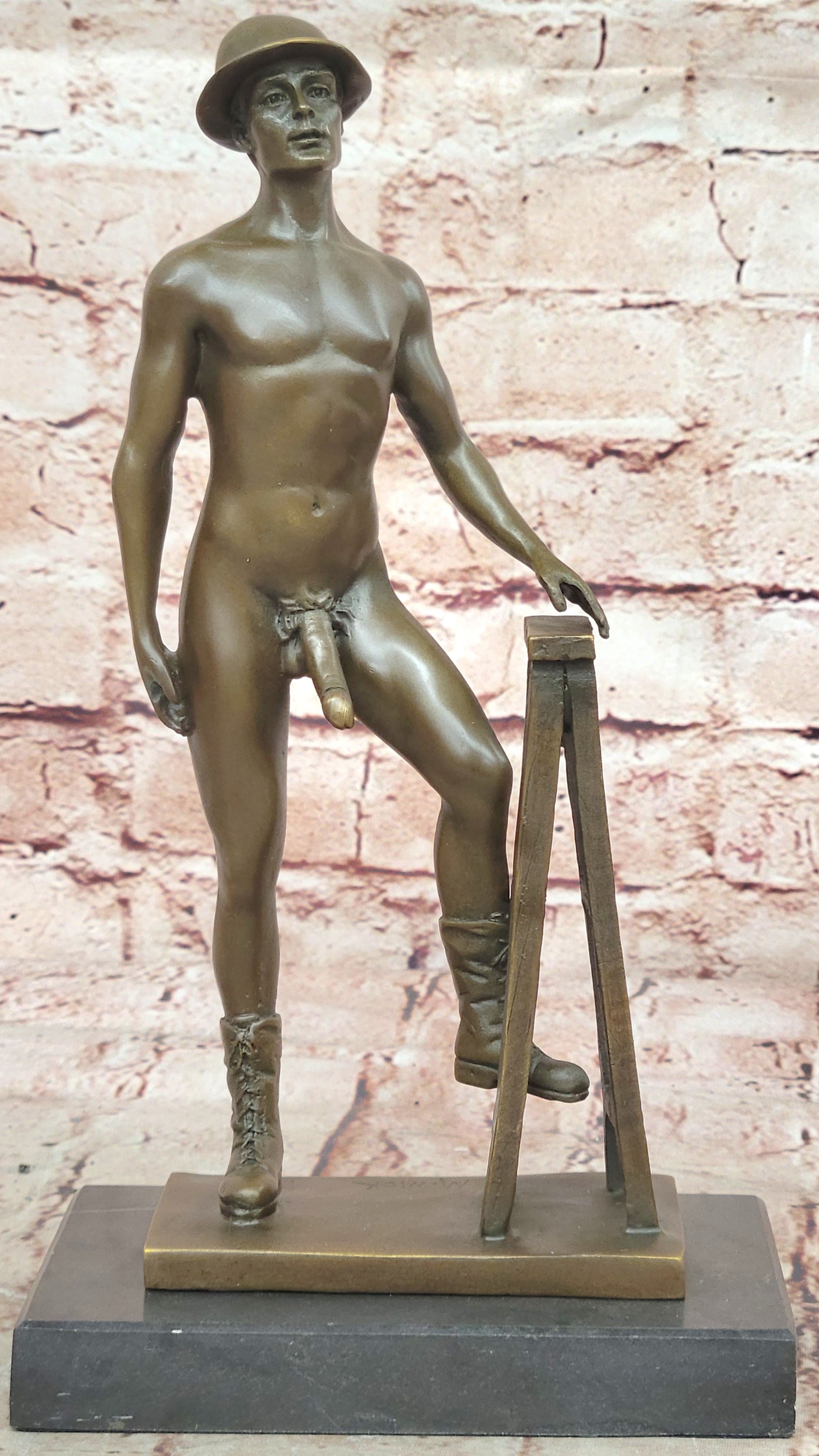 Signed Original Artwork Construction Worker Gay Solid Bronze Sculpture Nude Art