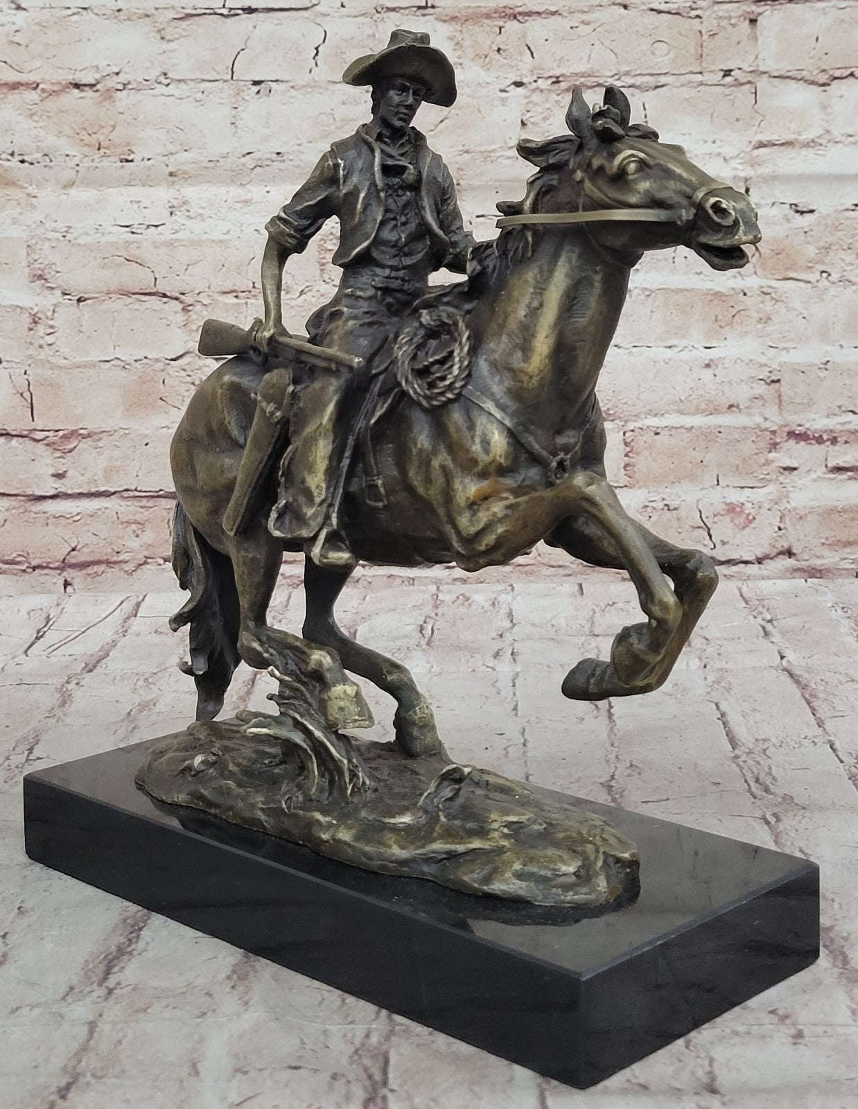 Bronze Sculpture Cowboy on Horse With Rifle Remington Tribute Statue Figurine