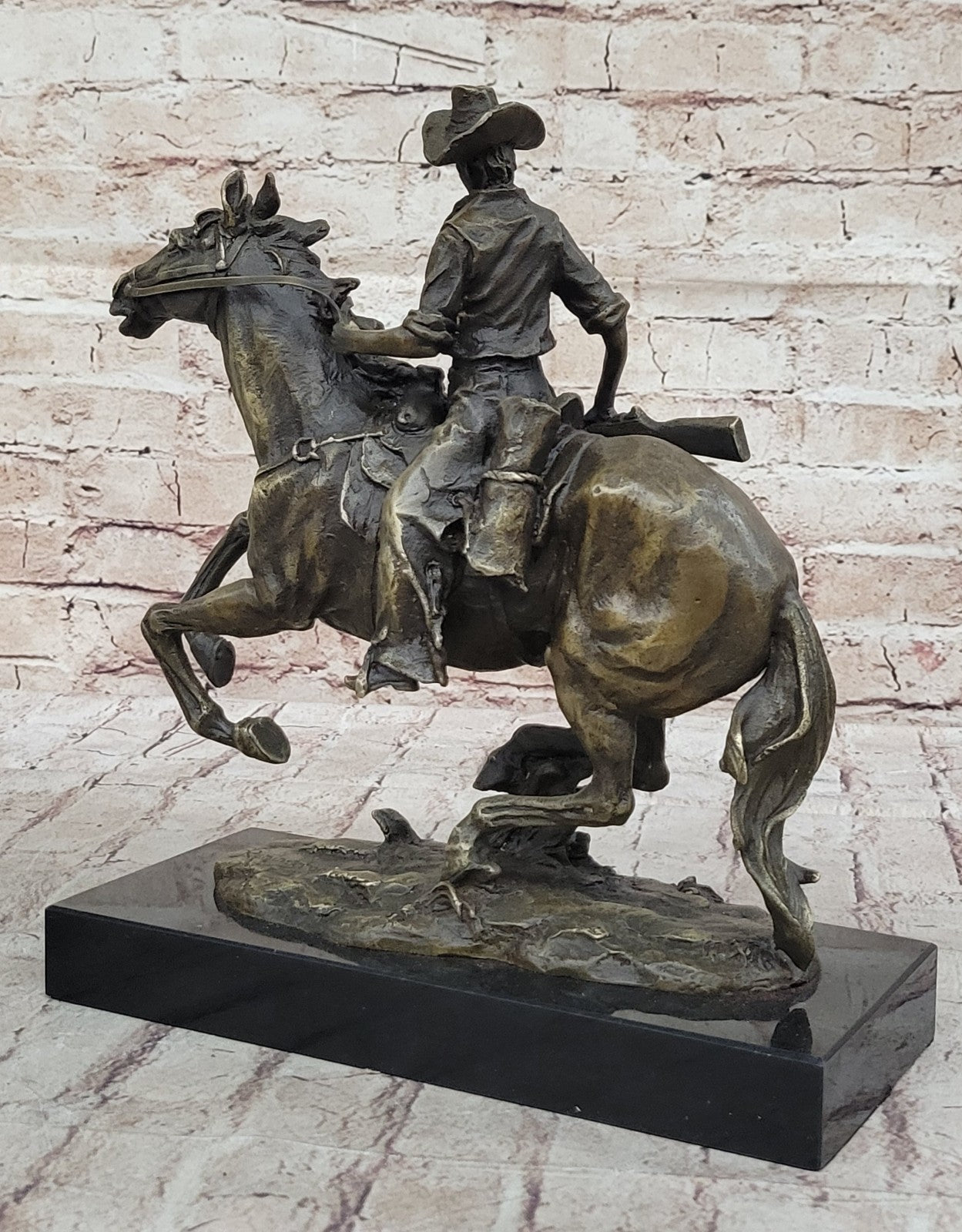 Bronze Sculpture Cowboy on Horse With Rifle Remington Tribute Statue Figurine