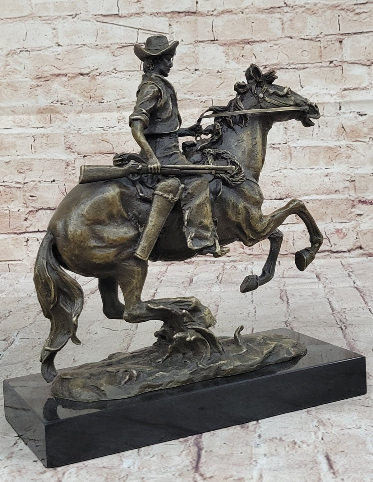 Bronze Sculpture Cowboy on Horse With Rifle Remington Tribute Statue Figurine