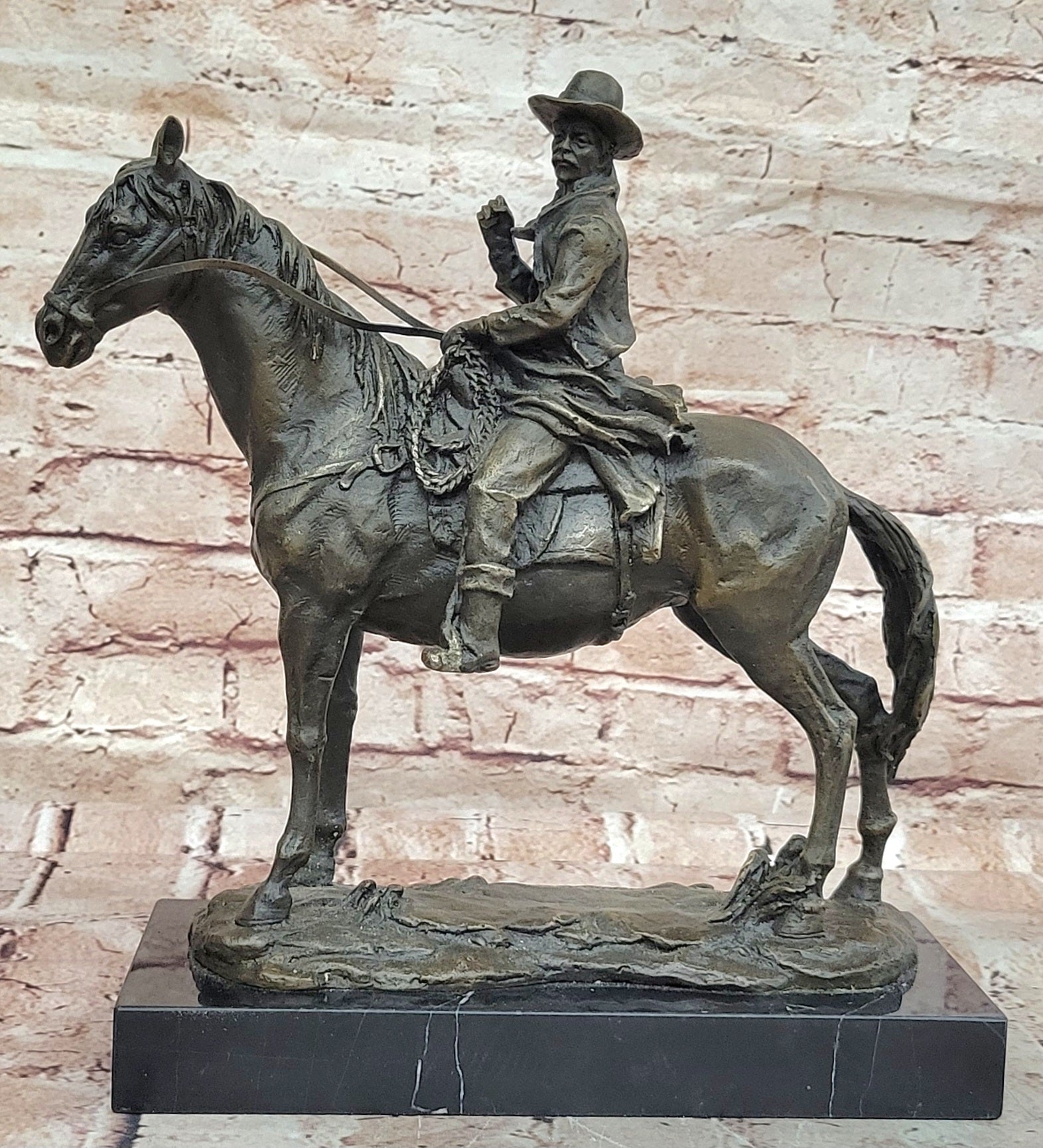 Signed Western Cowboy with Gorgeous Horse Bronze Statue Art Decor Wild West