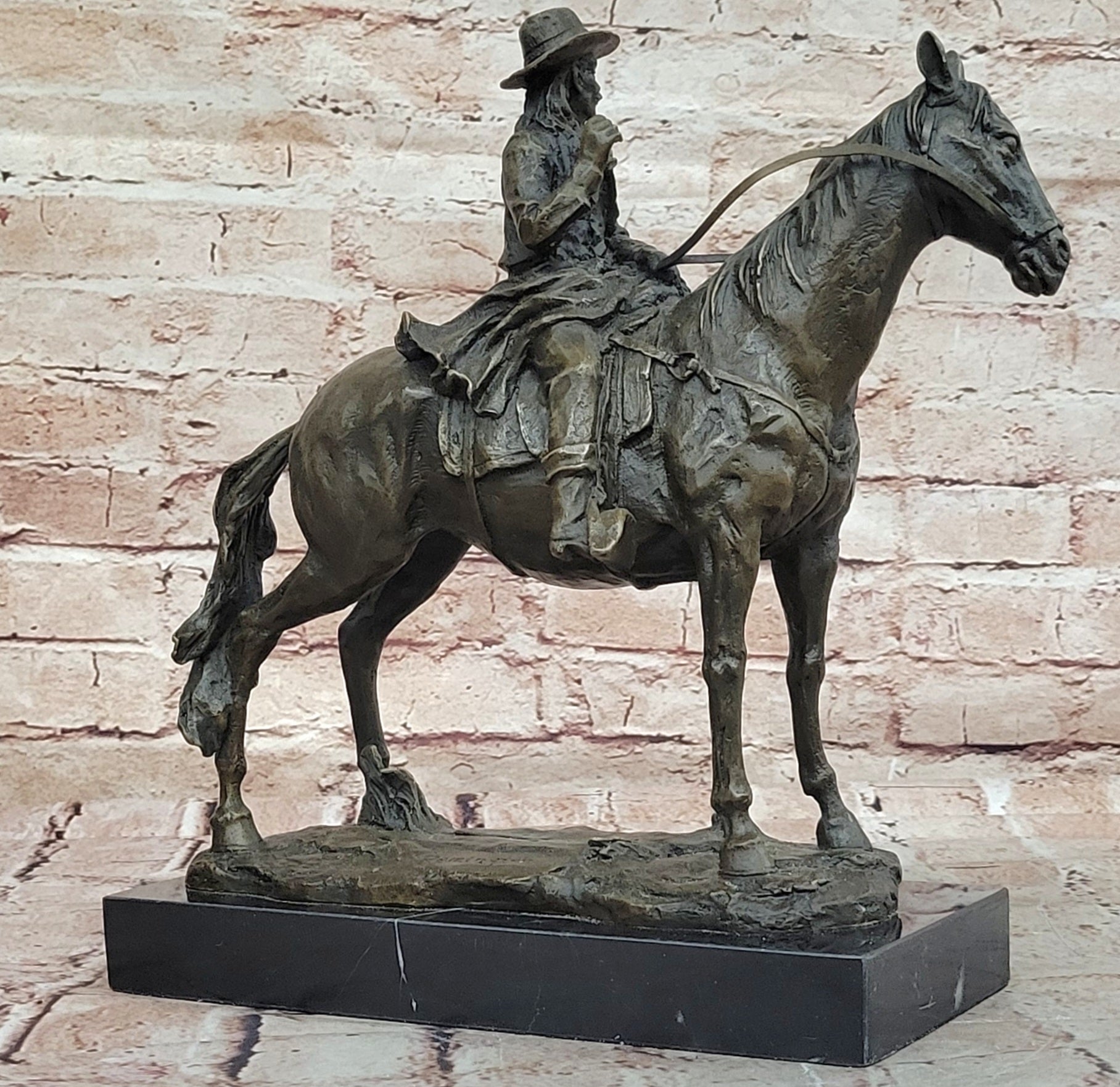 Signed Western Cowboy with Gorgeous Horse Bronze Statue Art Decor Wild West