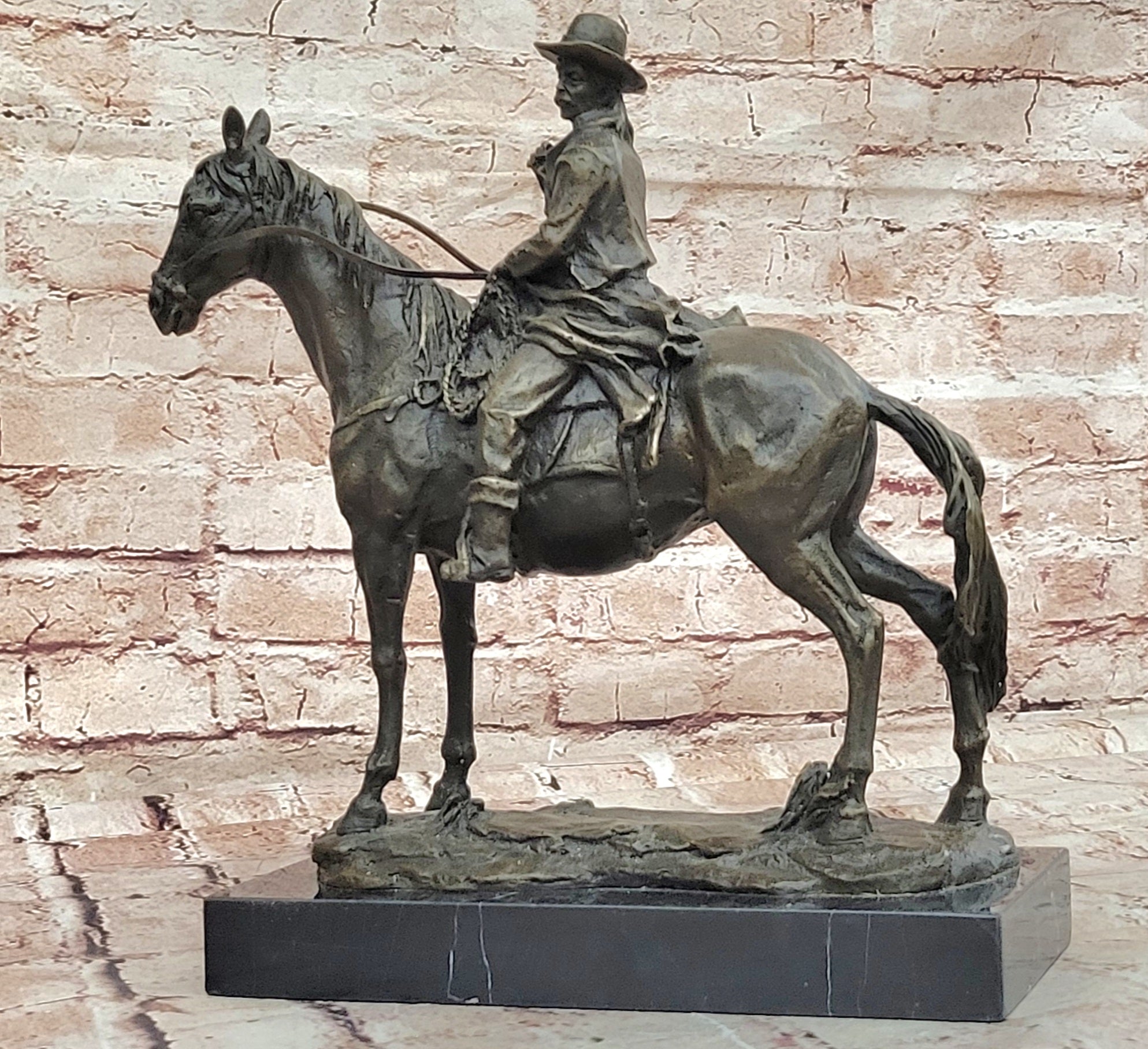 Signed Western Cowboy with Gorgeous Horse Bronze Statue Art Decor Wild West