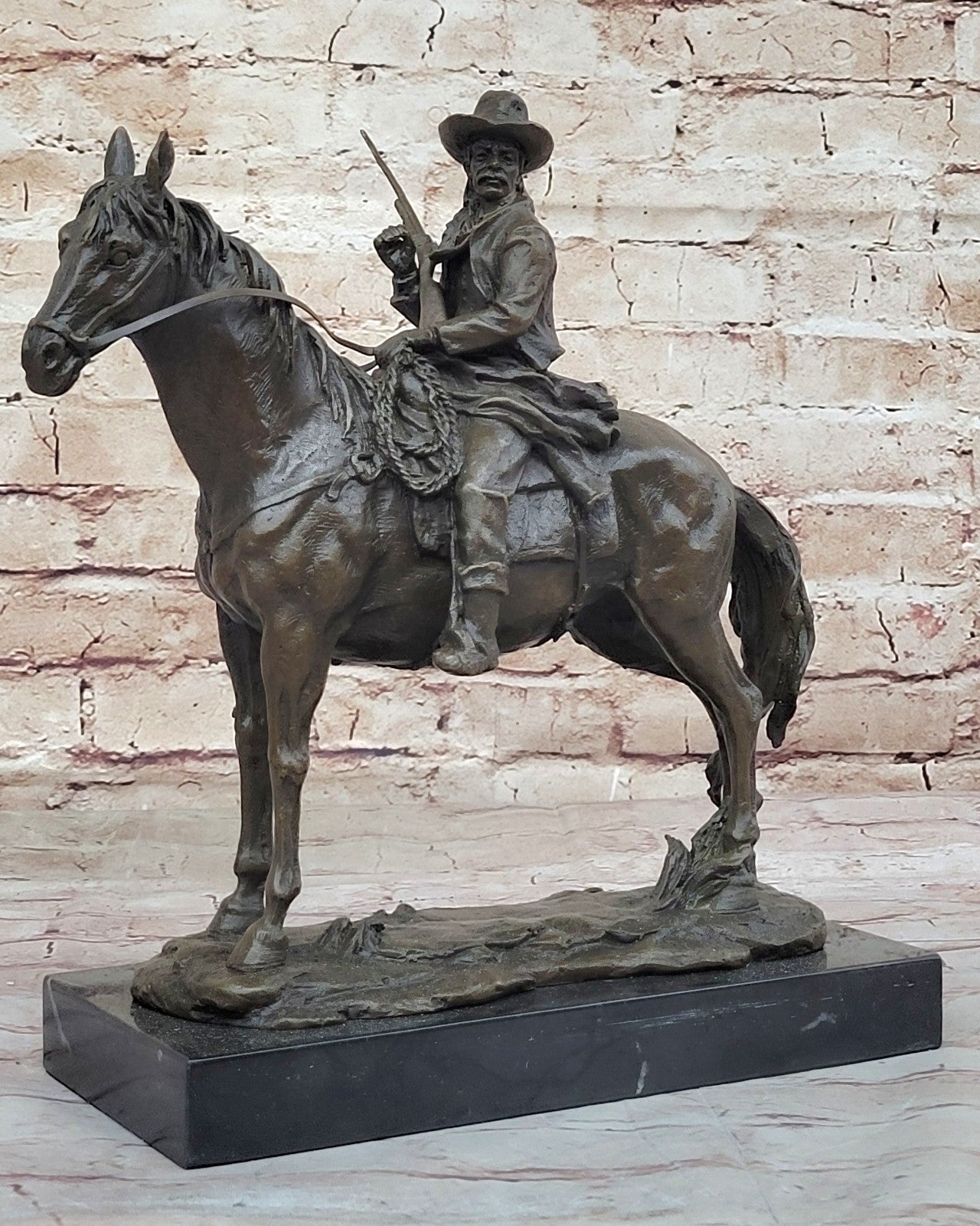 Signed Western Cowboy with Gorgeous Horse Bronze Statue Art Decor Wild West