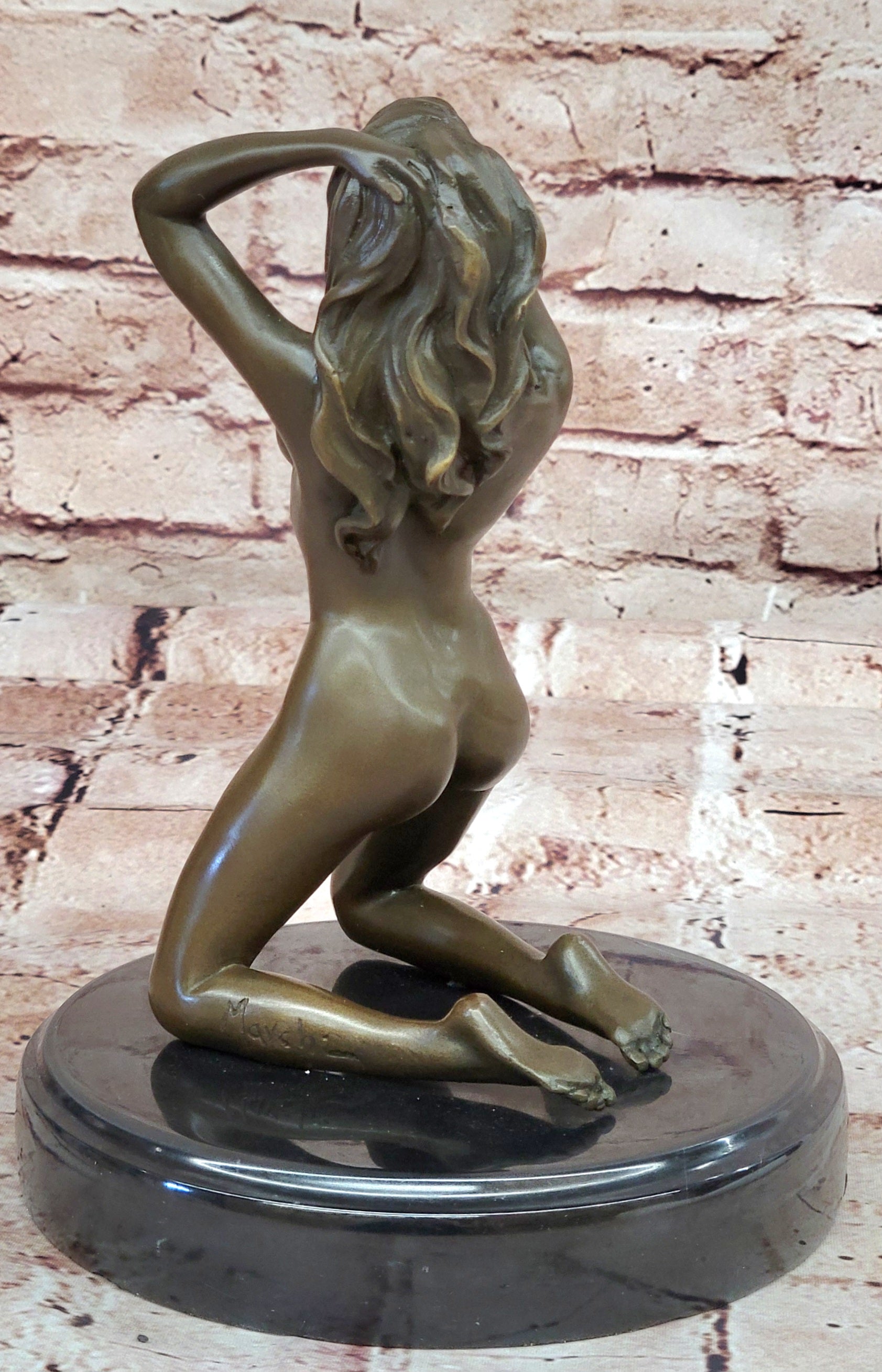 Signed Real Bronze on Marble Base Bookend Sculpture Nude Girl Exposed Breasts