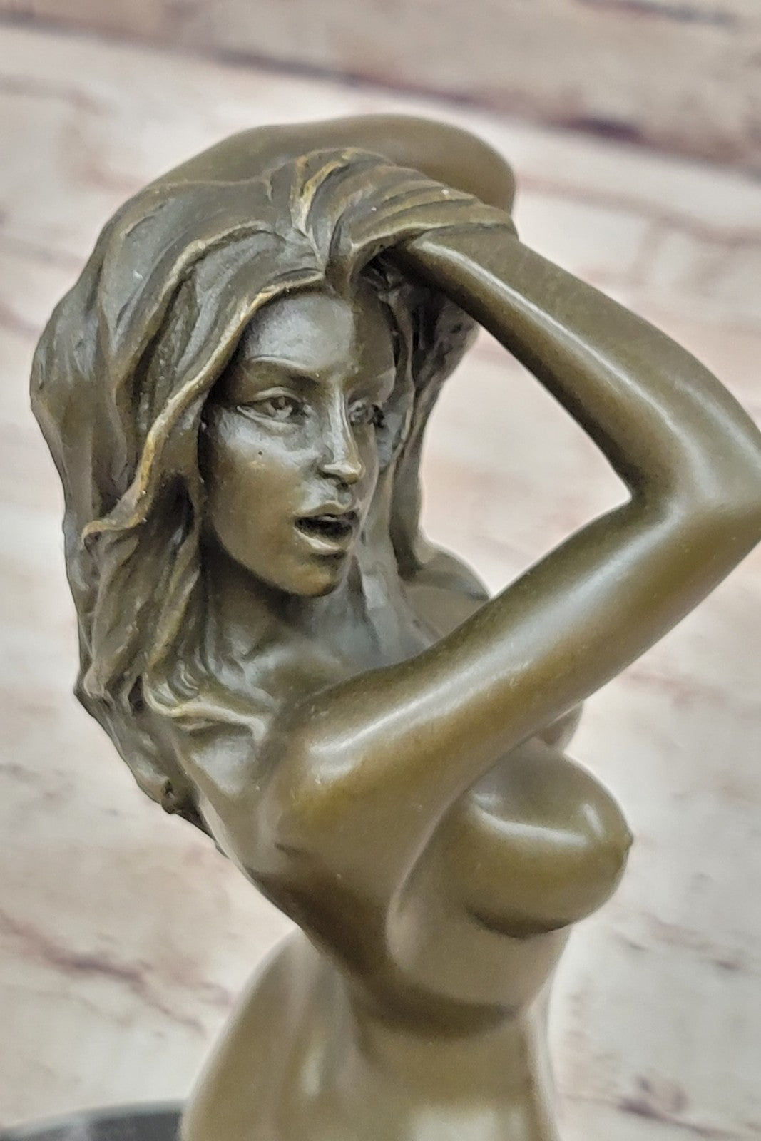 Signed Real Bronze on Marble Base Bookend Sculpture Nude Girl Exposed Breasts
