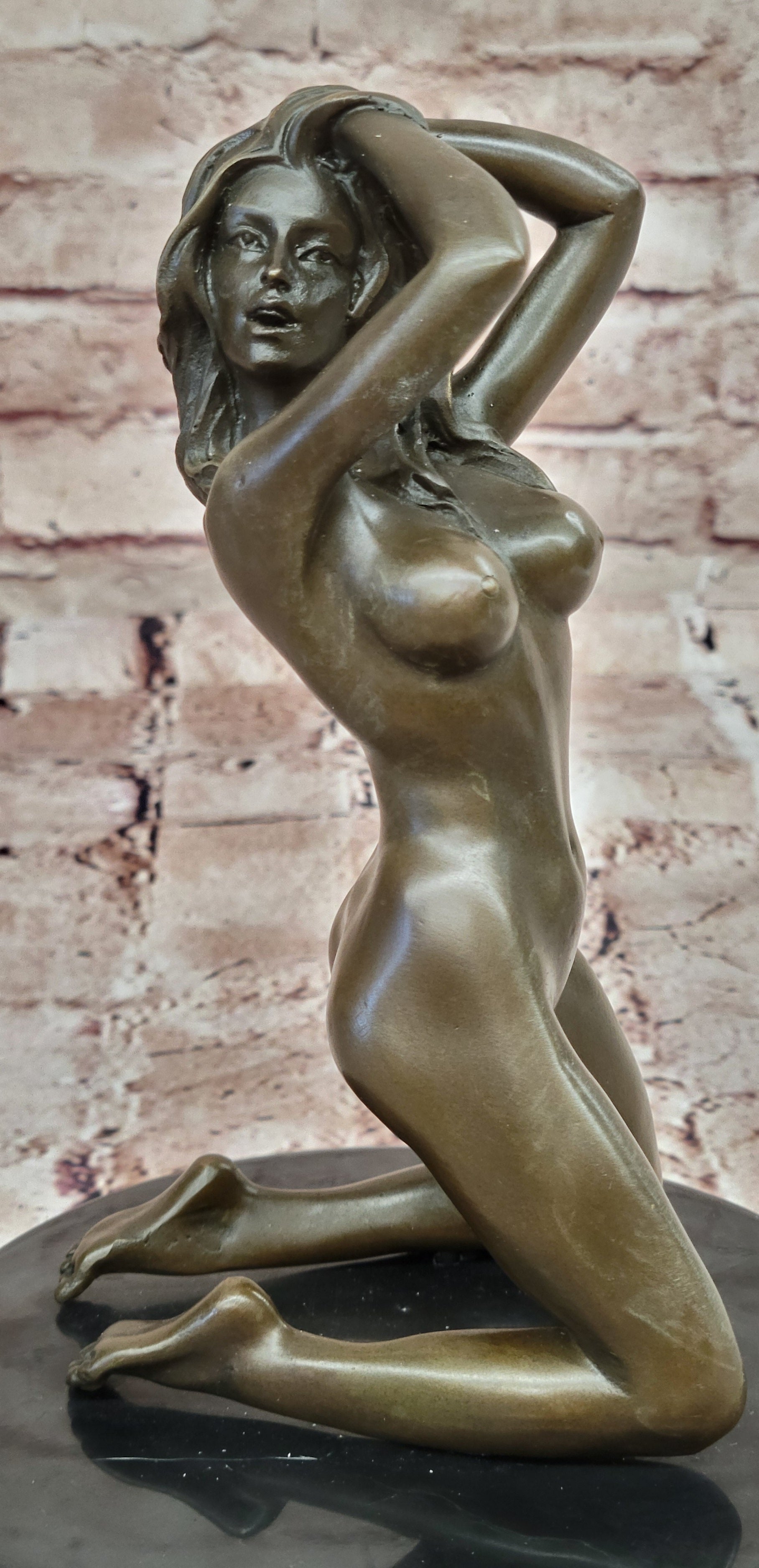 Signed Real Bronze on Marble Base Bookend Sculpture Nude Girl Exposed Breasts