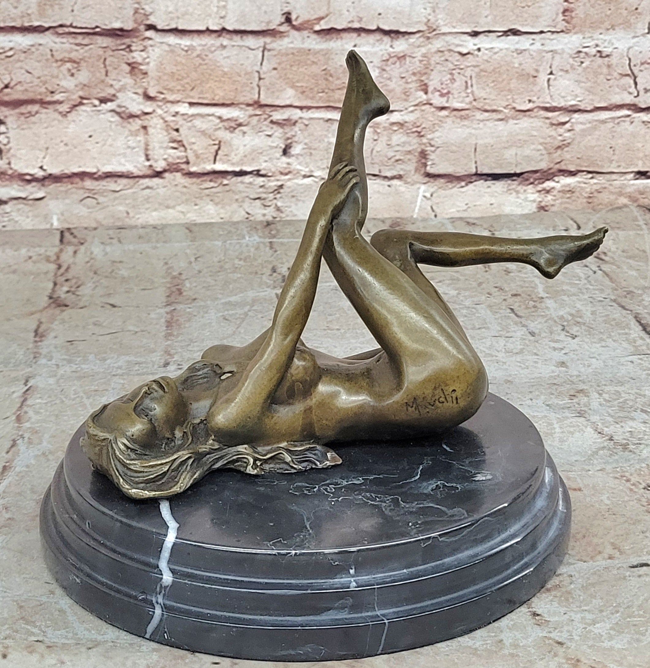 Signed Real Bronze on Marble Base Bookend Sculpture Nude Girl Exposed Breasts