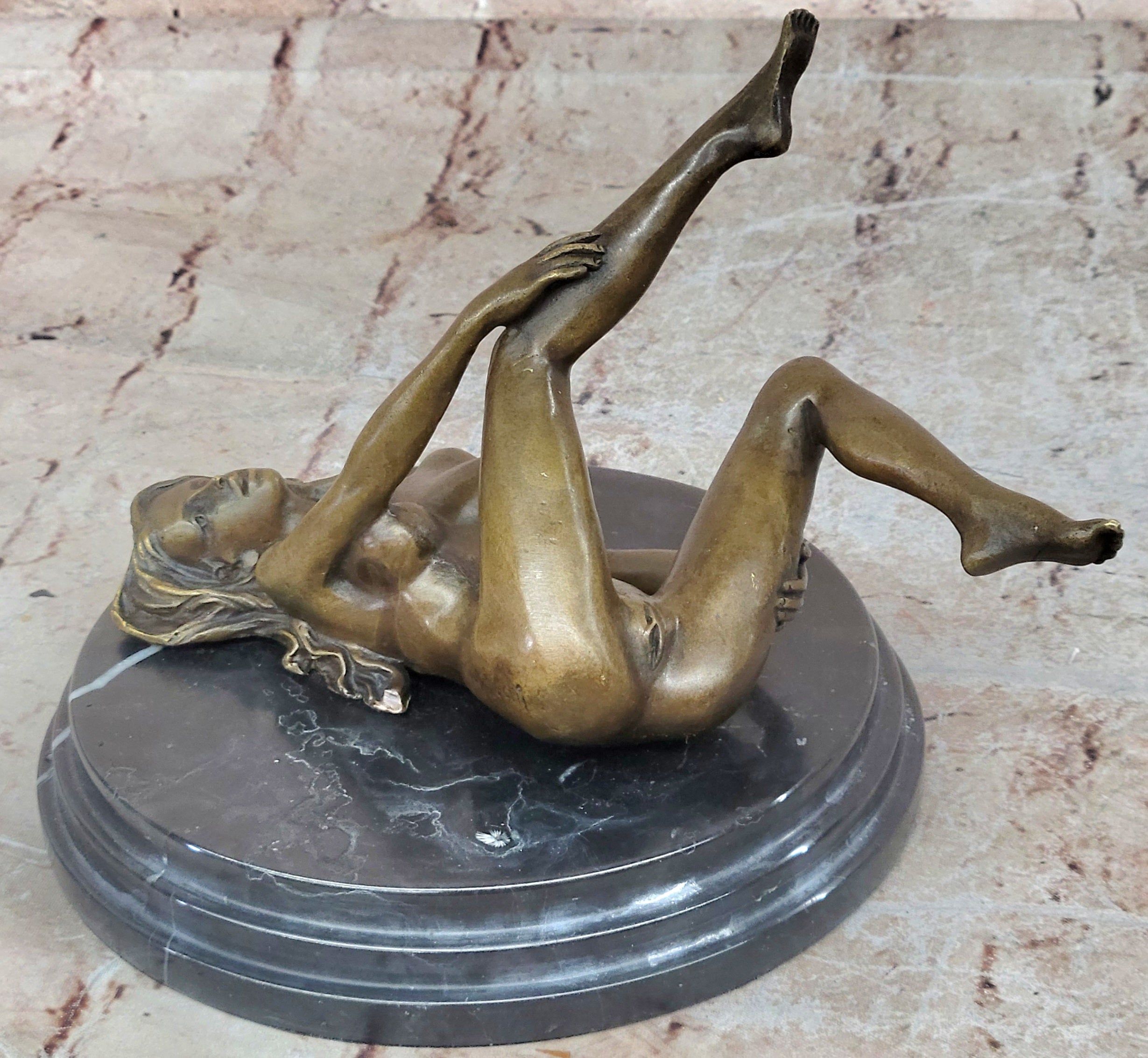 Signed Real Bronze on Marble Base Bookend Sculpture Nude Girl Exposed Breasts