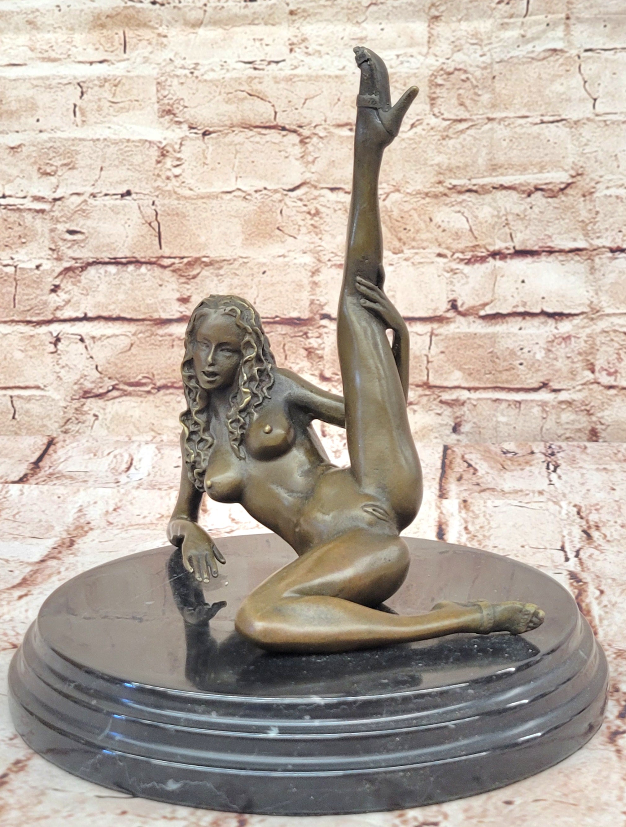 Handcrafted Nude Woman Exposing Herself Bronze Sculpture Marble Base Figurine