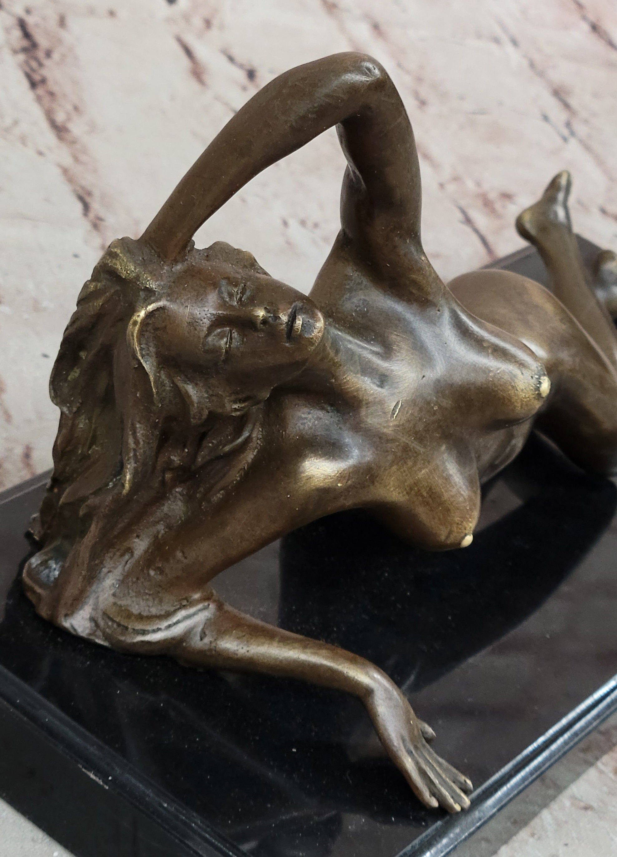 Bronze nude Statue "The Nymph Stripper" Figurine Lost Wax Casting Marble Base