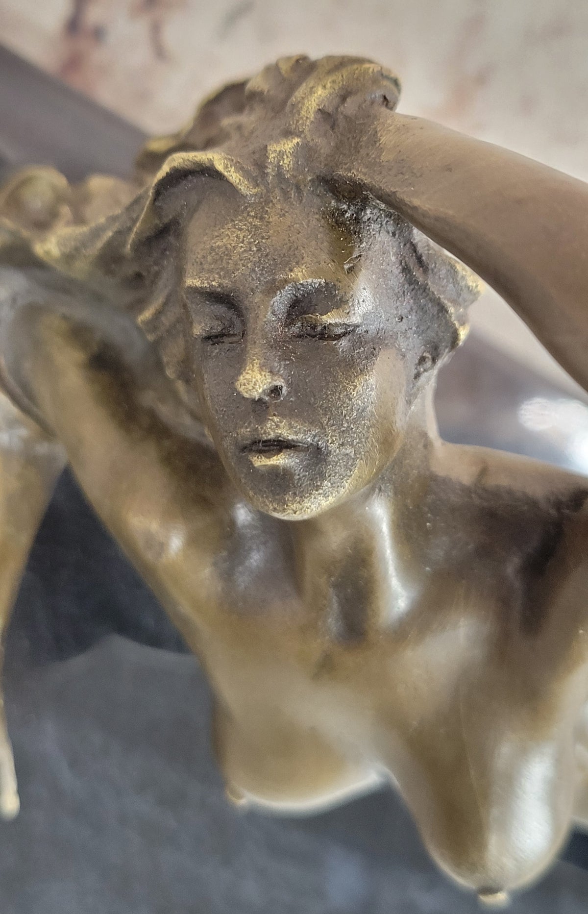 Bronze nude Statue "The Nymph Stripper" Figurine Lost Wax Casting Marble Base