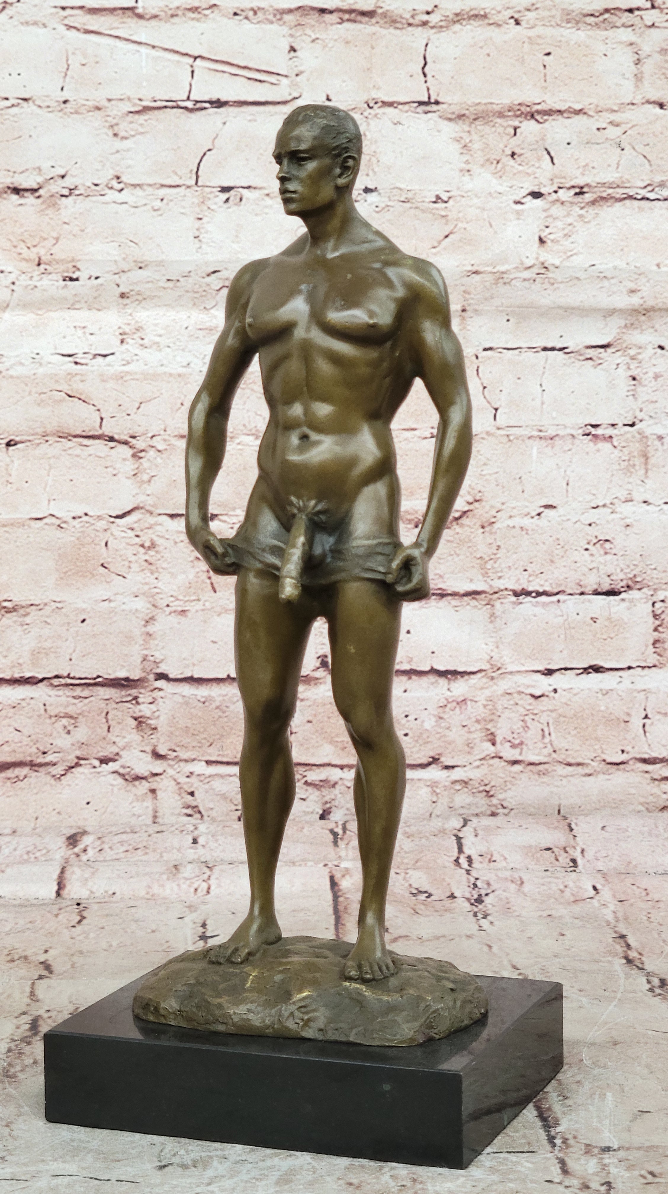 Signed Handcrafted Depict of Nude Gay Man Bronze Sculpture Marble Base Figurine