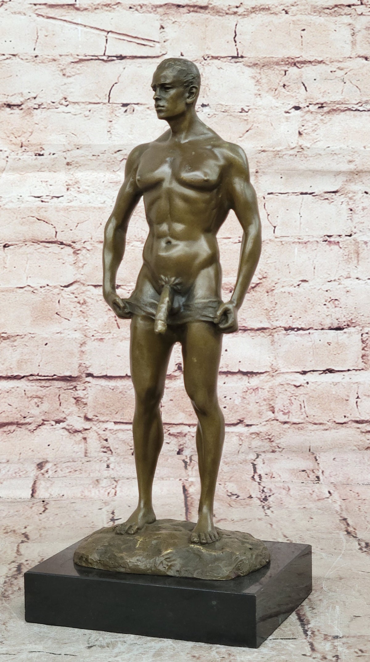 Signed Handcrafted Depict of Nude Gay Man Bronze Sculpture Marble Base Figurine