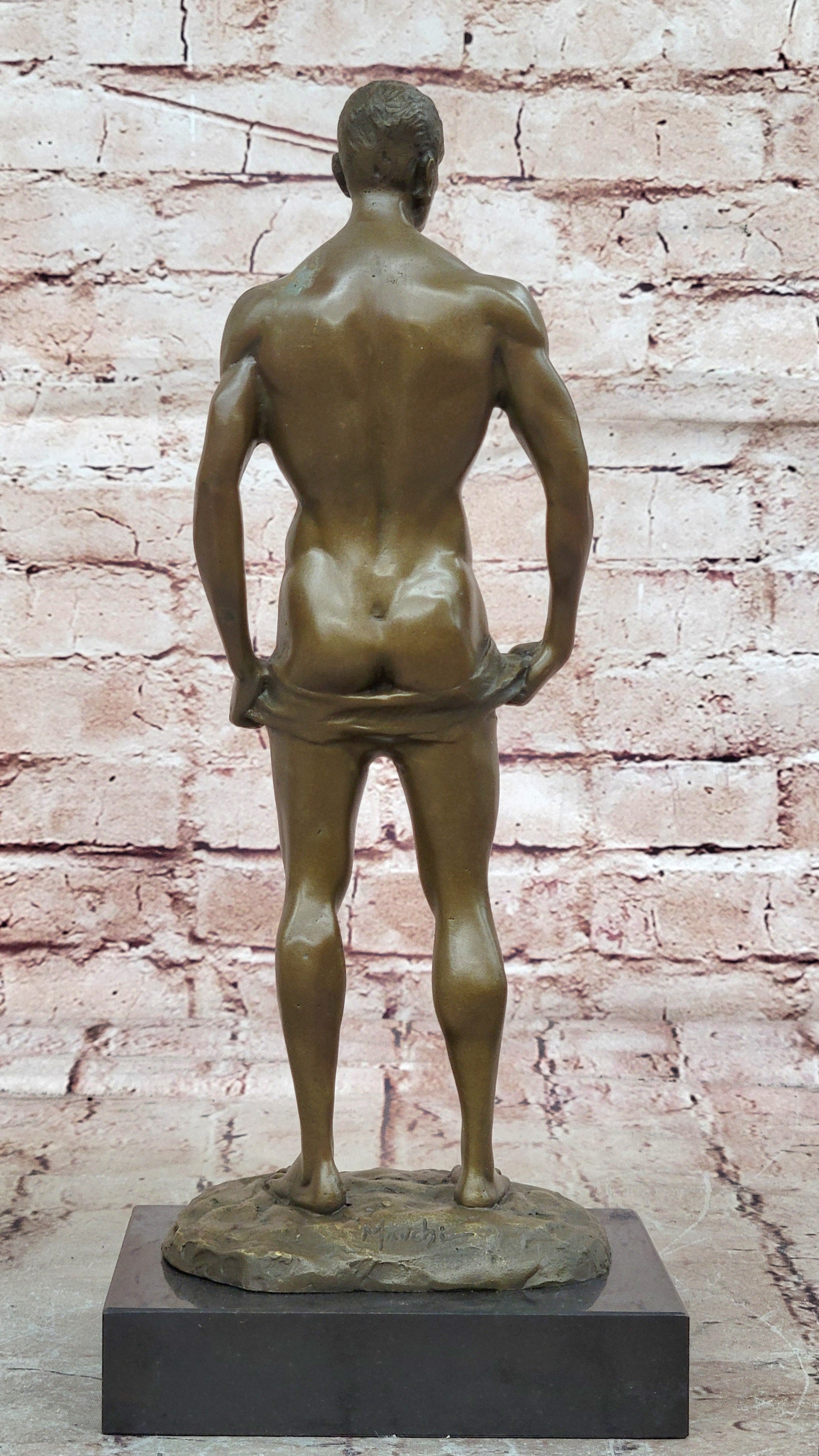 Signed Handcrafted Depict of Nude Gay Man Bronze Sculpture Marble Base Figurine