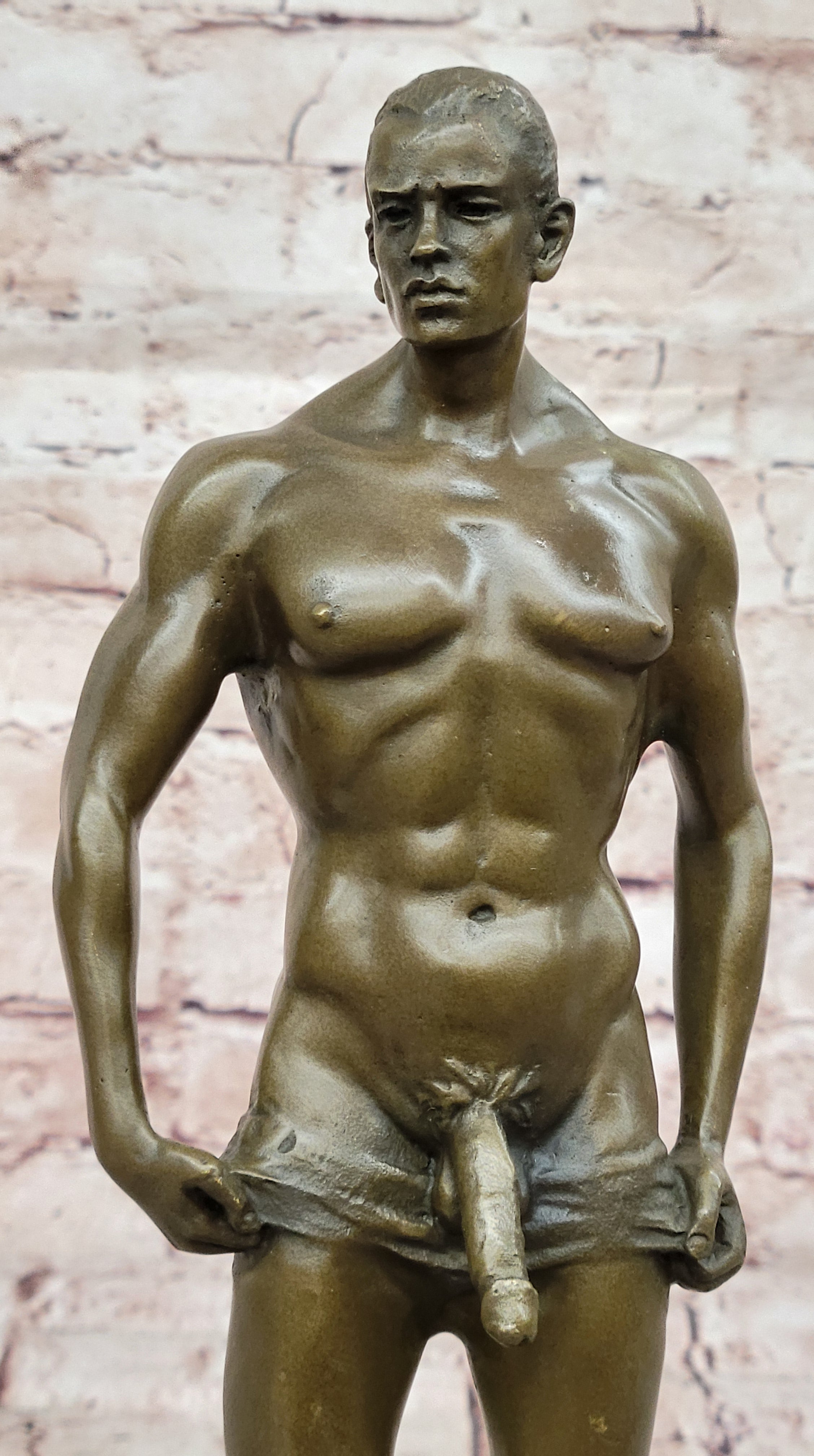 Signed Handcrafted Depict of Nude Gay Man Bronze Sculpture Marble Base Figurine