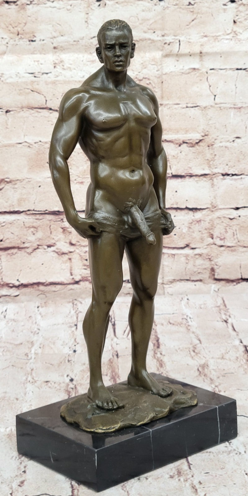 Signed Handcrafted Depict of Nude Gay Man Bronze Sculpture Marble Base Figurine