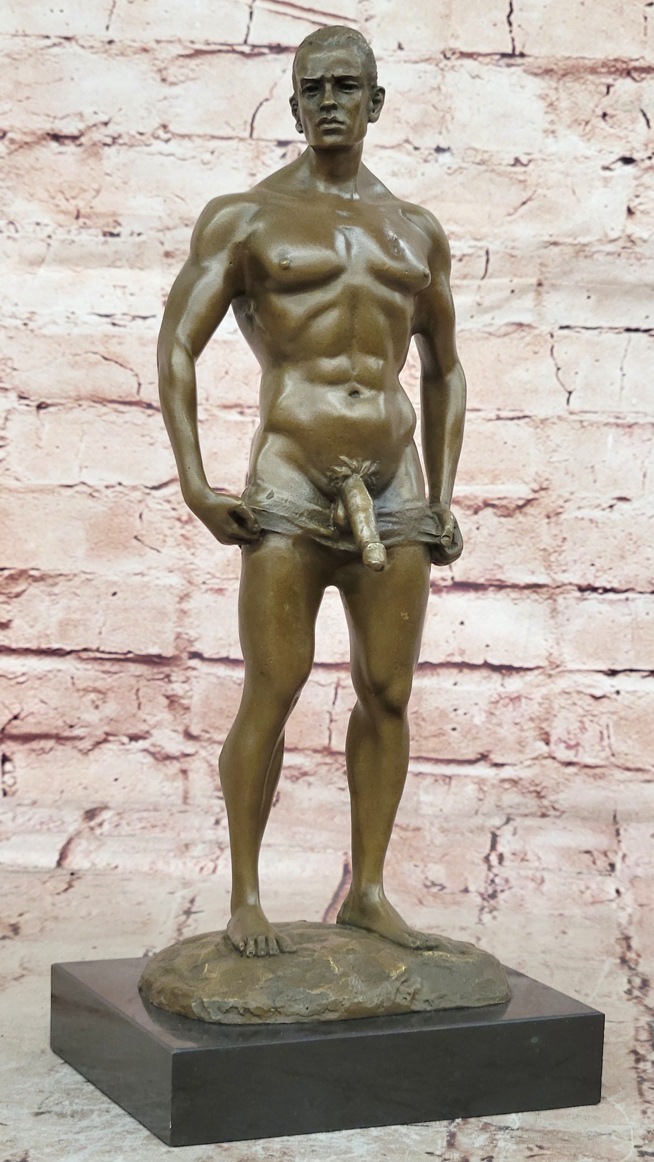 Signed Handcrafted Depict of Nude Gay Man Bronze Sculpture Marble Base Figurine