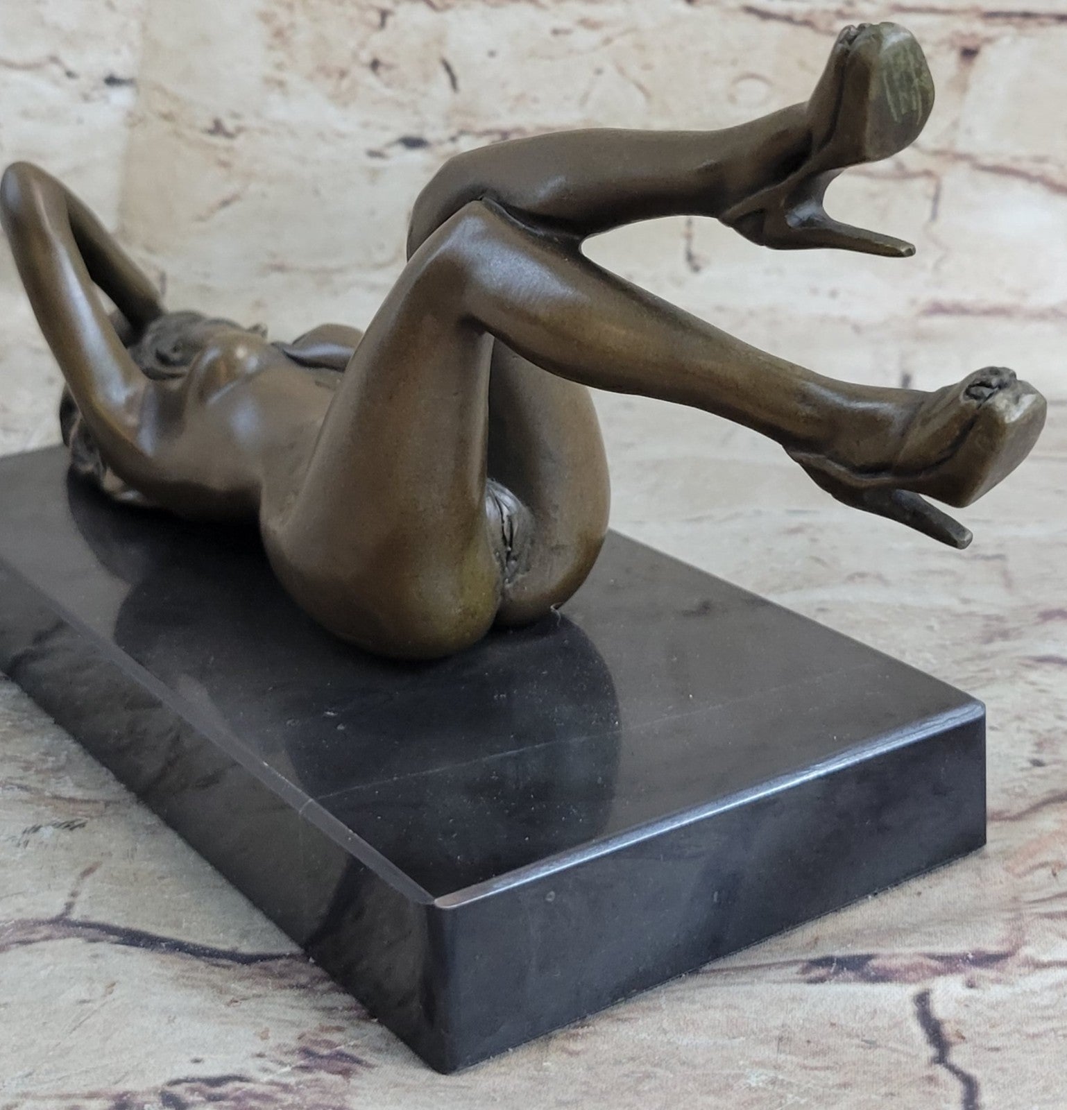 SIGNED: MAVCHI, BRONZE SCULPTURE NUDE GIRL ON MARBLE FIGURE ABSTRACT MODERN ART