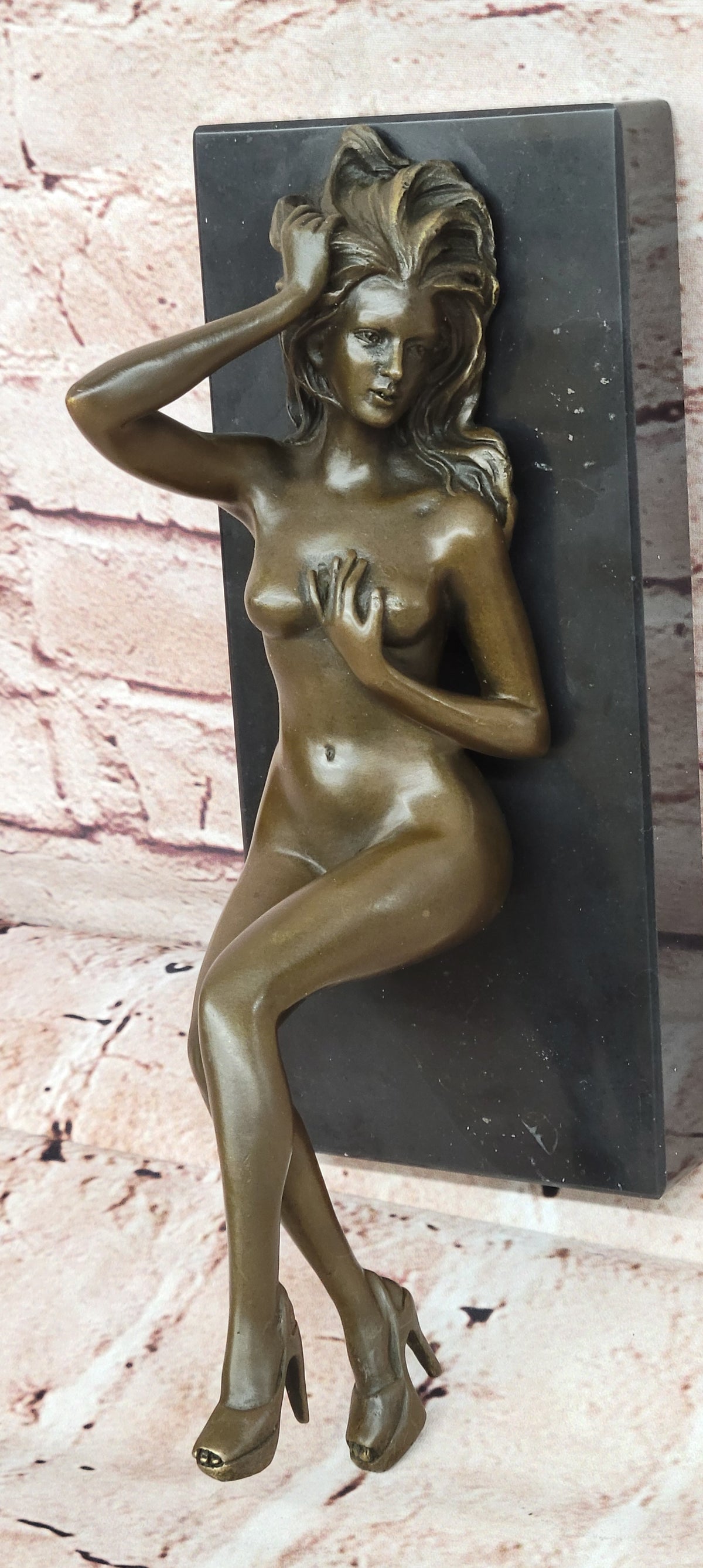 SIGNED: MAVCHI, BRONZE SCULPTURE NUDE GIRL ON MARBLE FIGURE ABSTRACT MODERN ART
