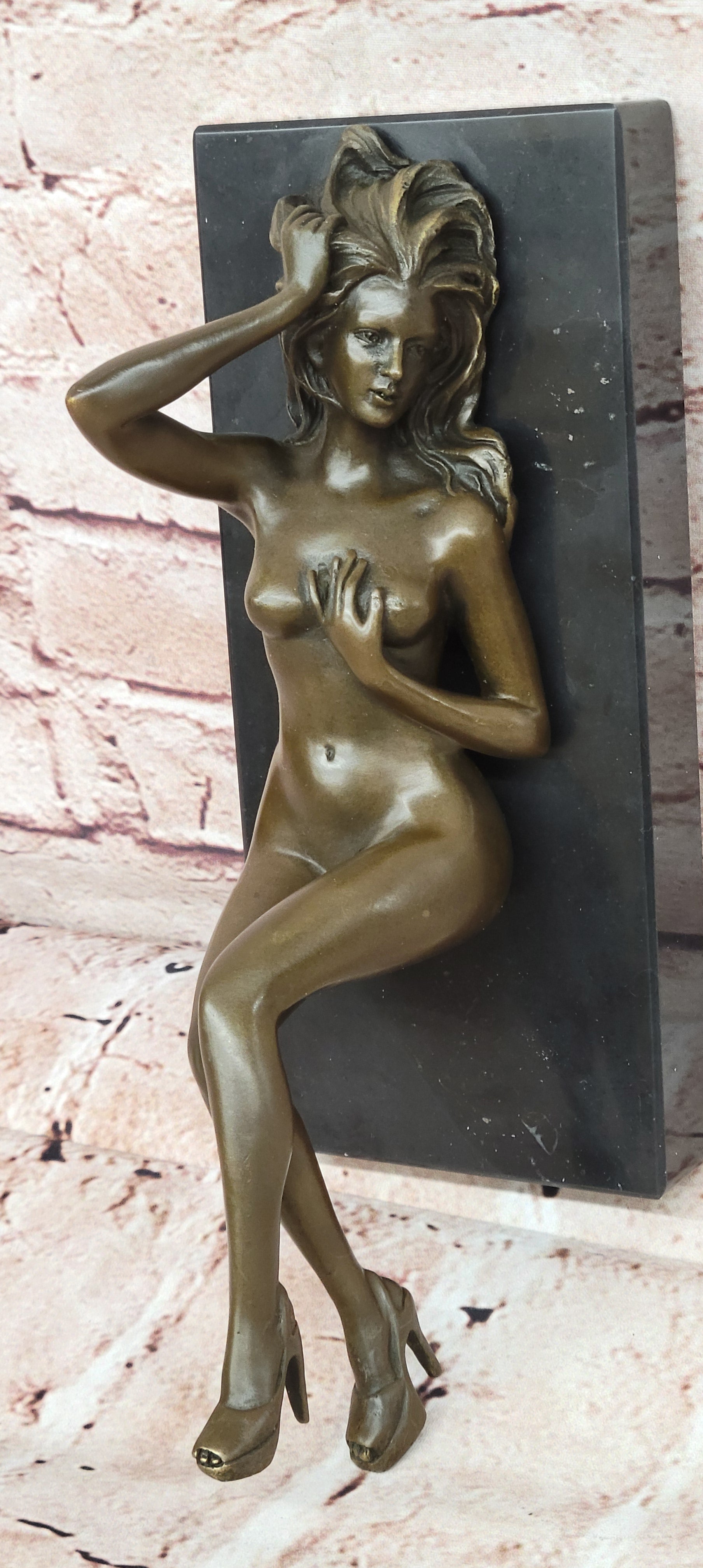 SIGNED: MAVCHI, BRONZE SCULPTURE NUDE GIRL ON MARBLE FIGURE ABSTRACT MODERN ART