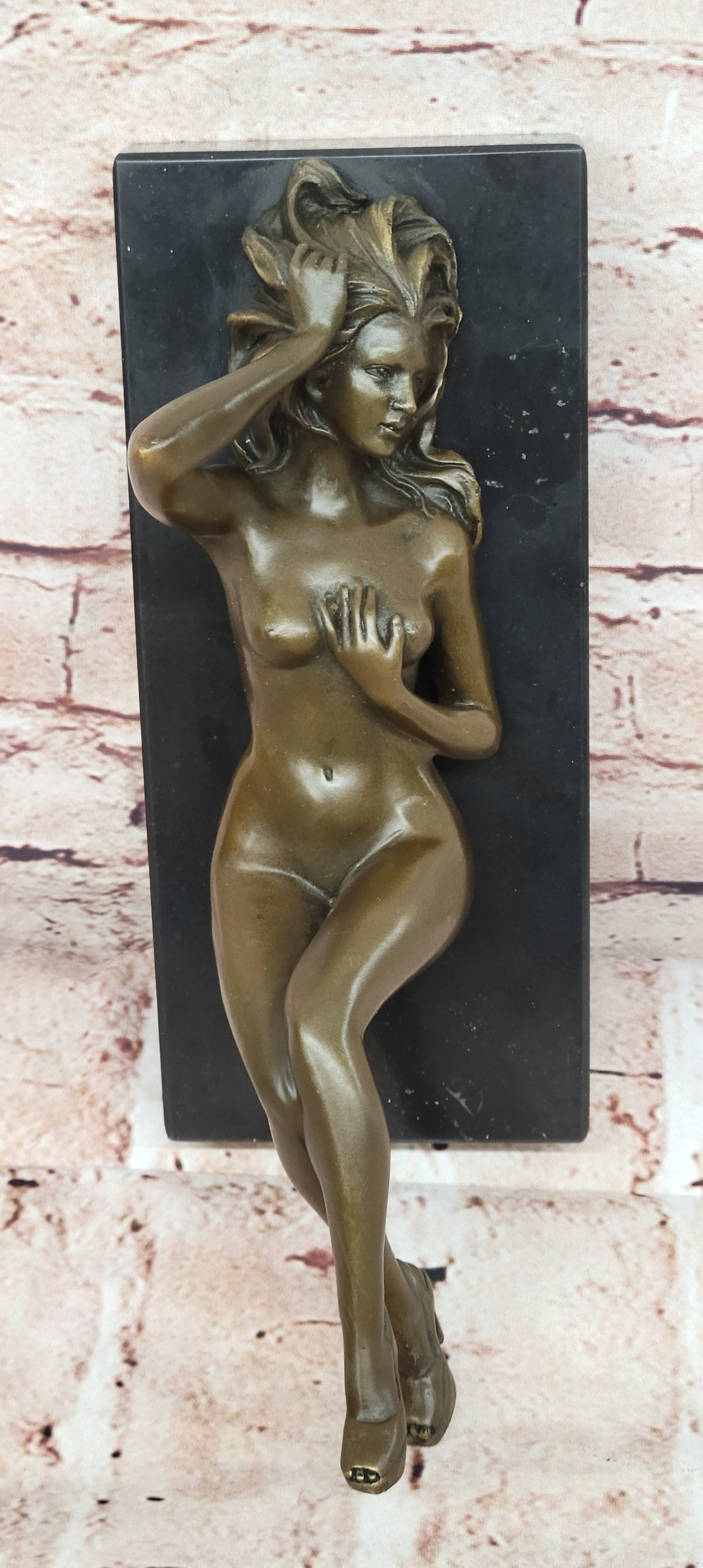 SIGNED: MAVCHI, BRONZE SCULPTURE NUDE GIRL ON MARBLE FIGURE ABSTRACT MODERN ART