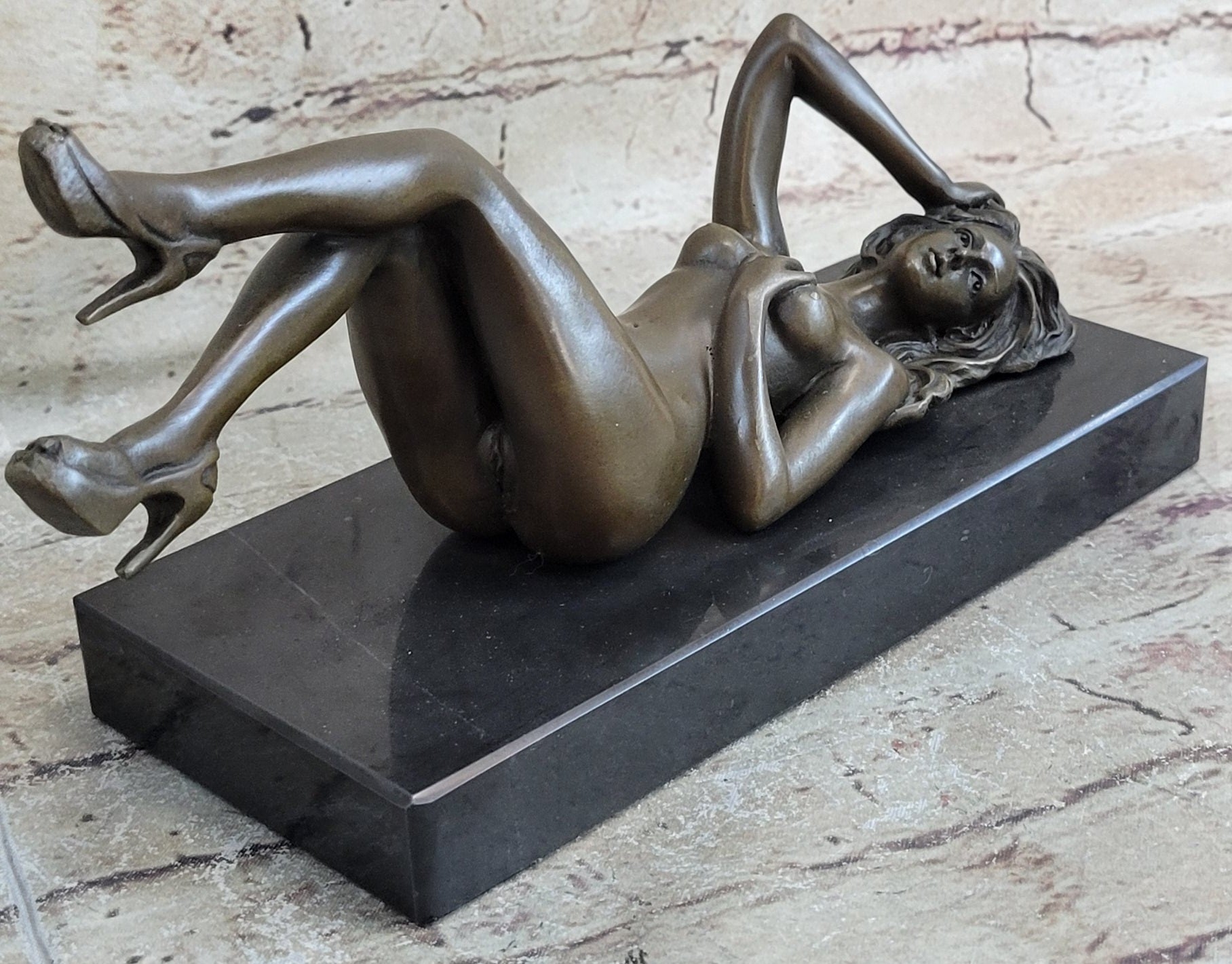 SIGNED: MAVCHI, BRONZE SCULPTURE NUDE GIRL ON MARBLE FIGURE ABSTRACT MODERN ART