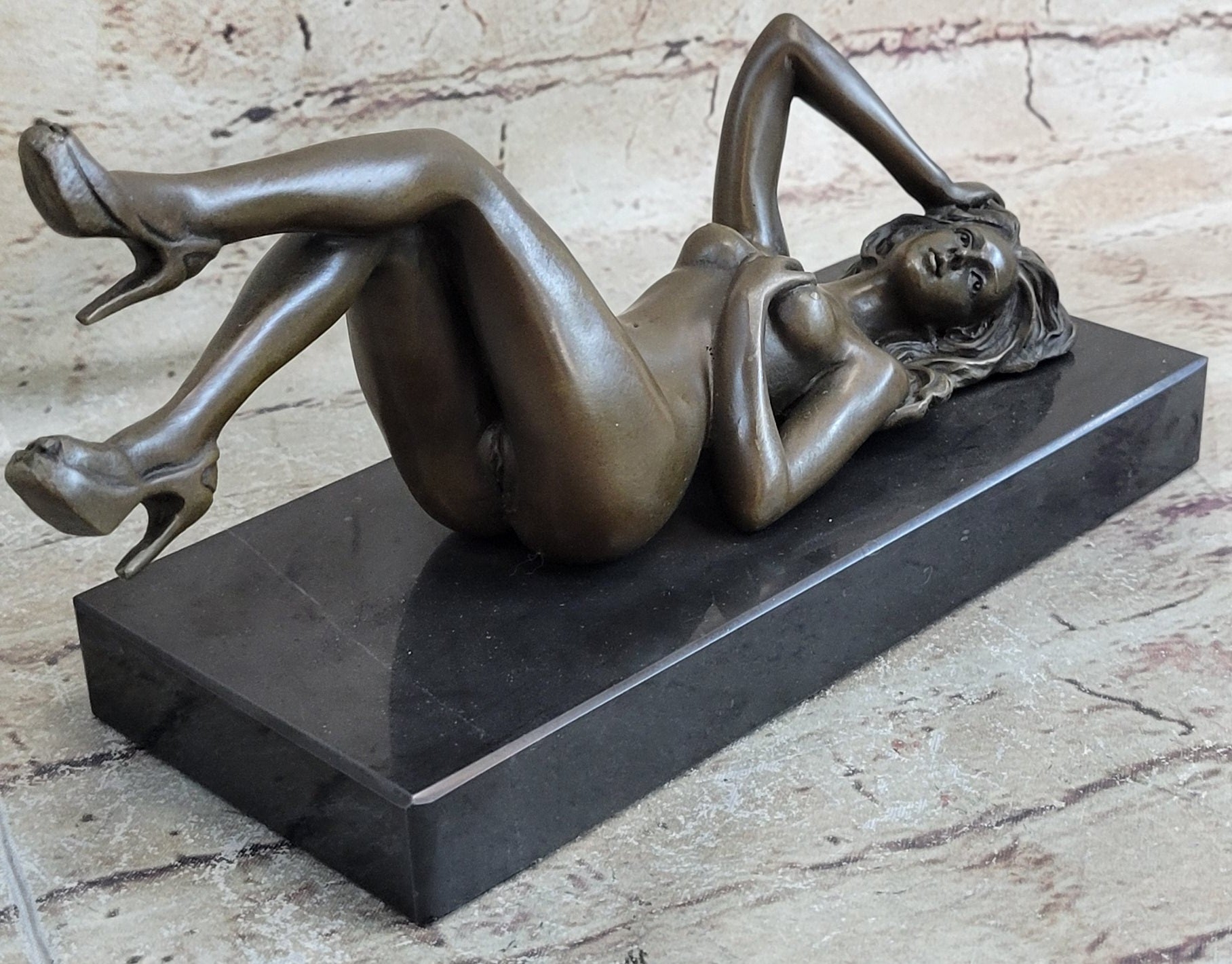 SIGNED: MAVCHI, BRONZE SCULPTURE NUDE GIRL ON MARBLE  FIGURE ABSTRACT MODERN ART