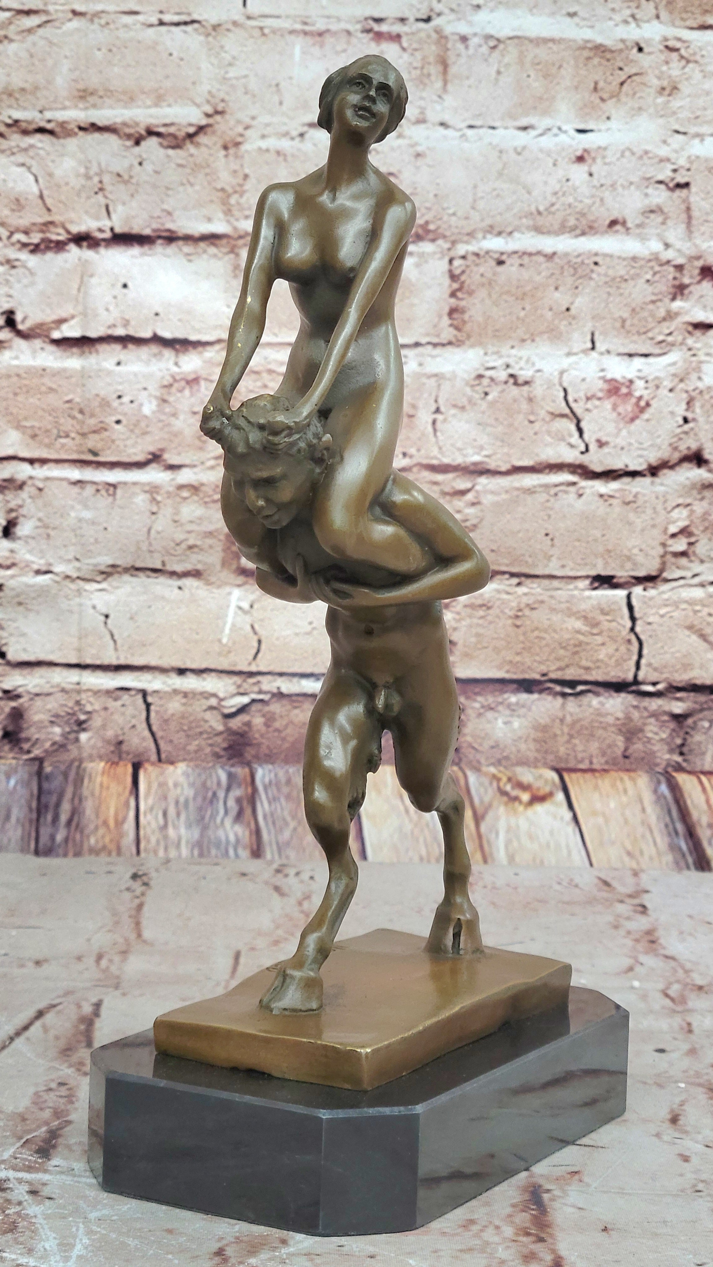 Signed Franz Bergman Bronze: Female & Satyr Erotic Nude Art, Handcrafted Figurine