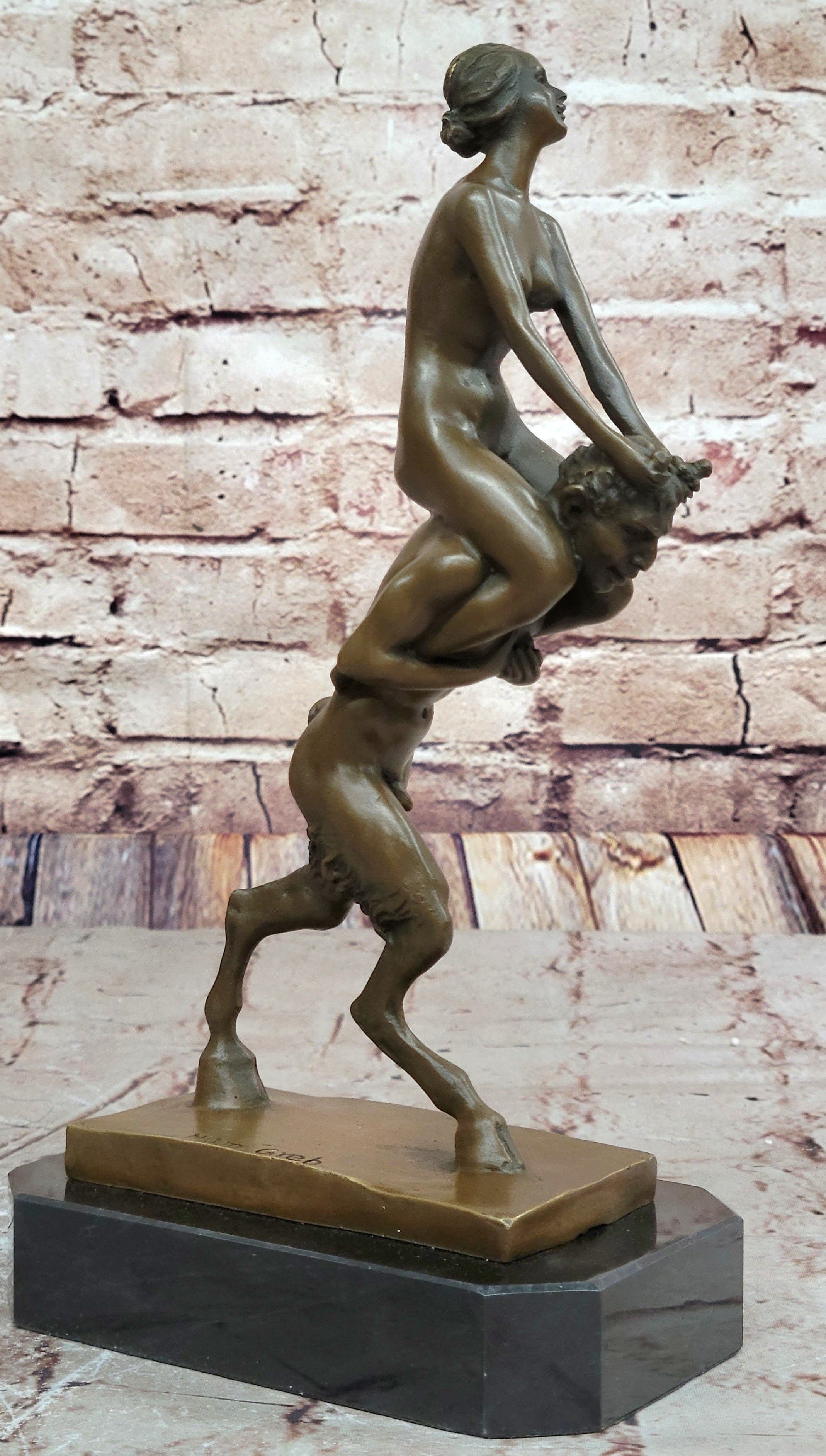 Signed Franz Bergman Bronze: Female & Satyr Erotic Nude Art, Handcrafted Figurine