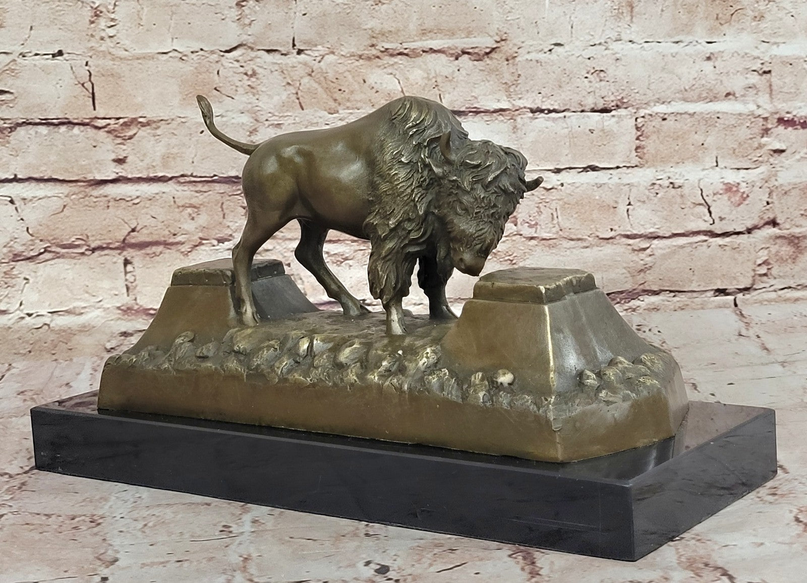 Large American Buffalo Bison Art Deco Sculpture Marble Base Figurine Figure SALE