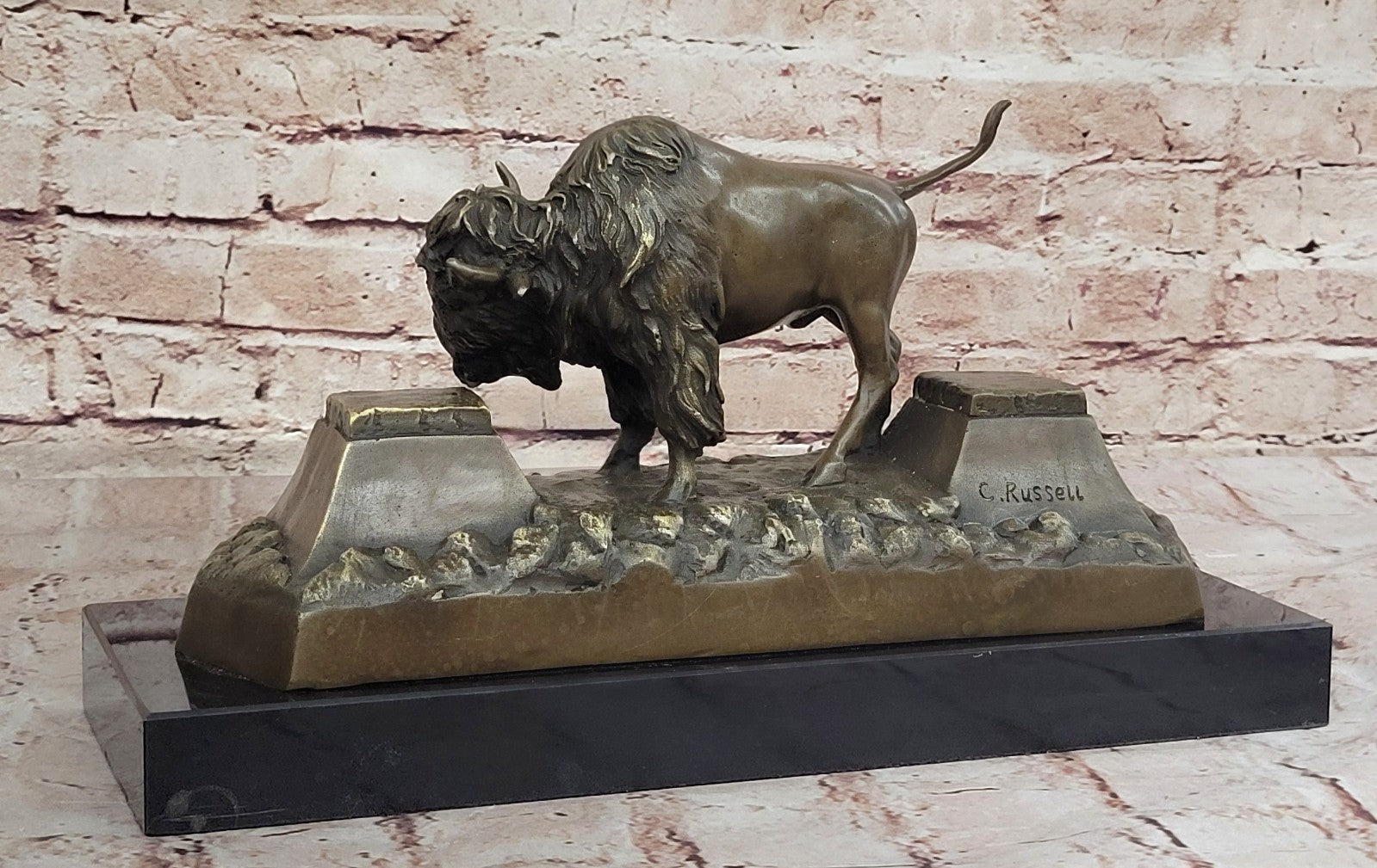 Large American Buffalo Bison Art Deco Sculpture Marble Base Figurine Figure SALE
