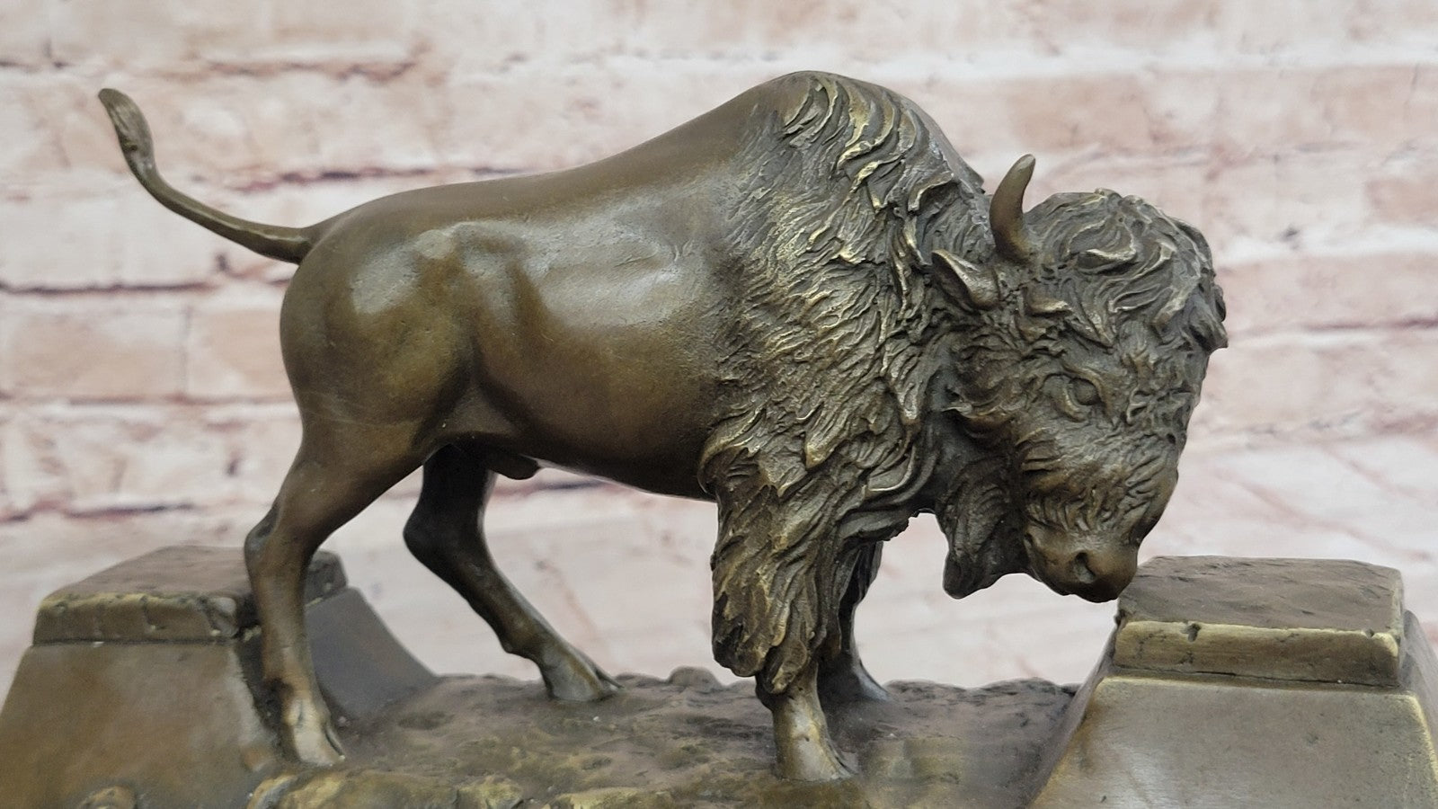 Large American Buffalo Bison Art Deco Sculpture Marble Base Figurine Figure SALE