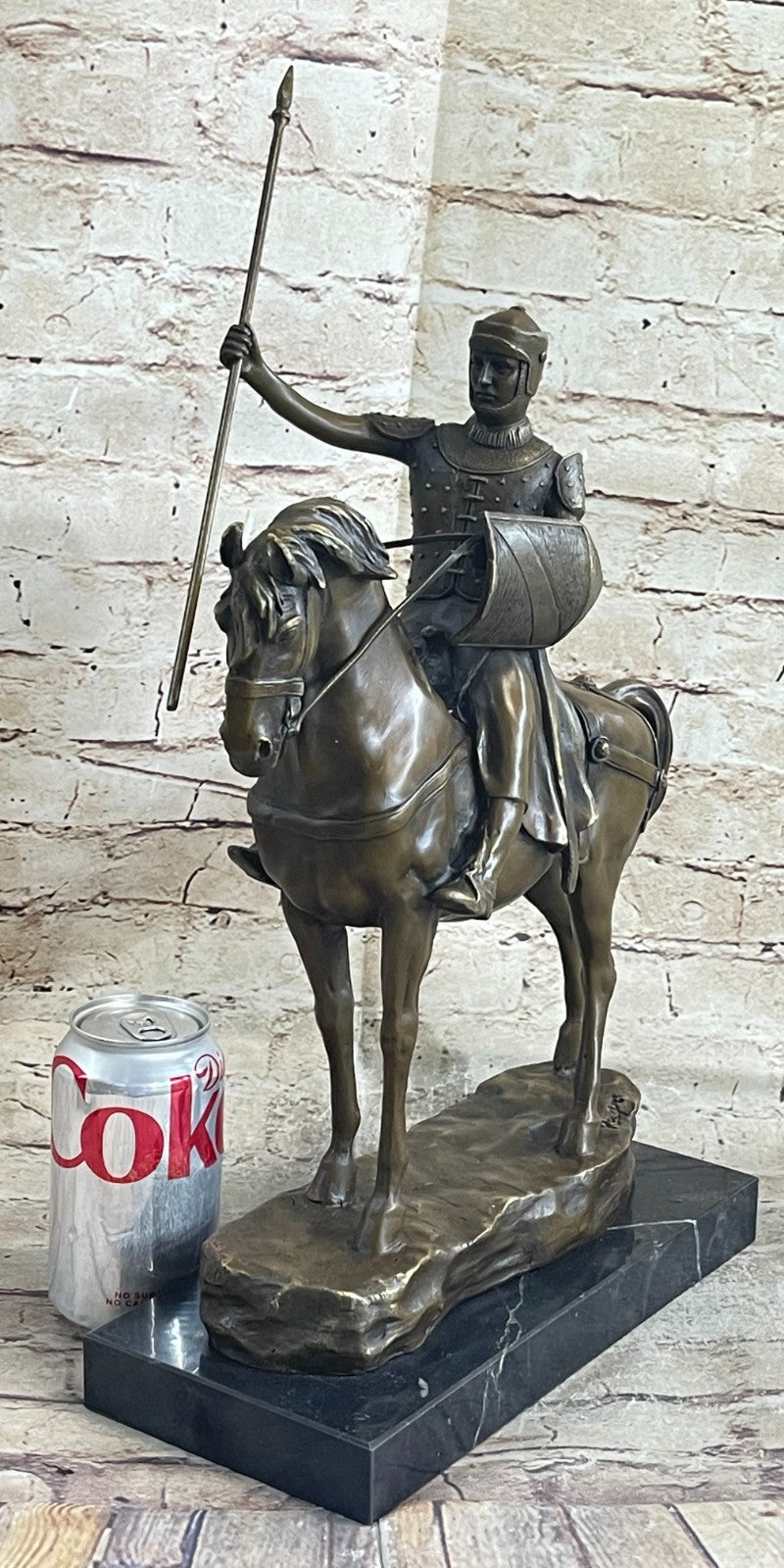 Rare Bronze Metal Statue Marble Base Medieval Middle Ages Knight Guard Battle