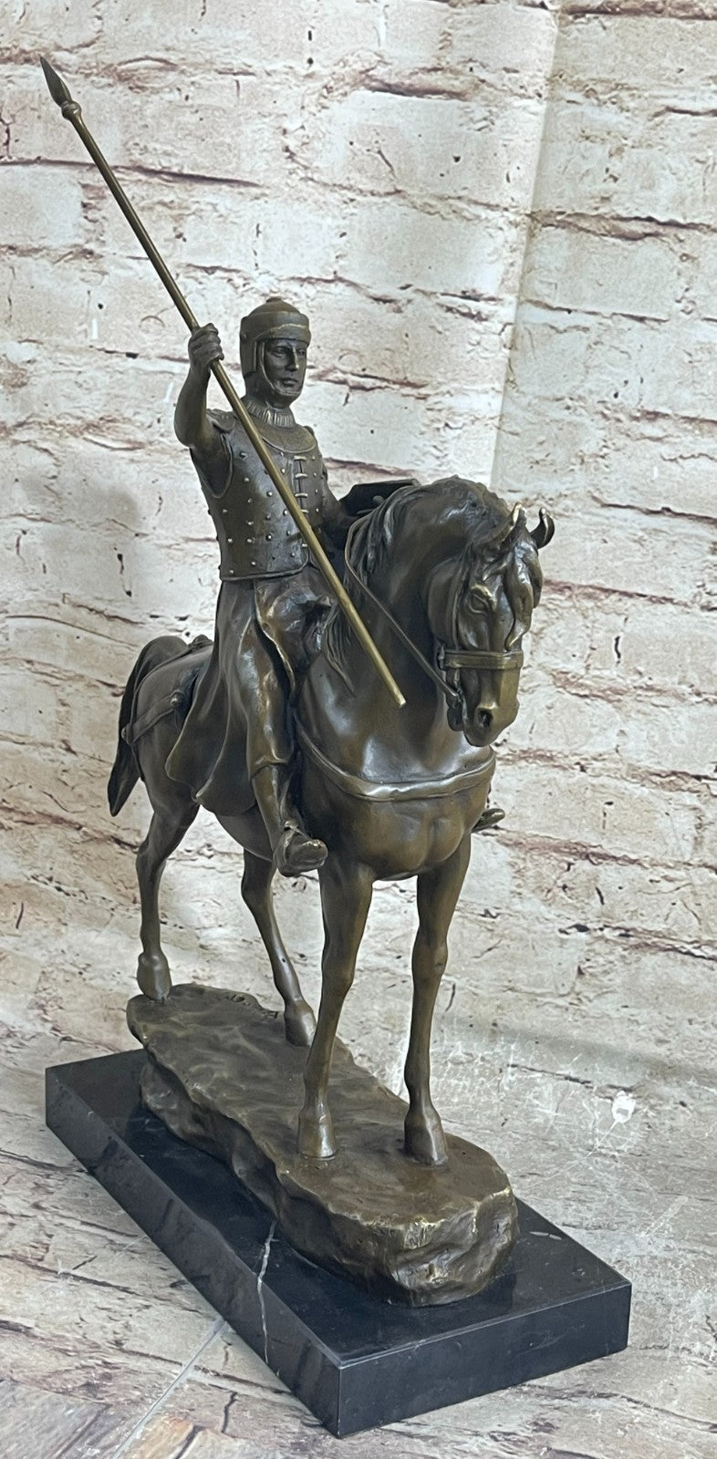 Rare Bronze Metal Statue Marble Base Medieval Middle Ages Knight Guard Battle