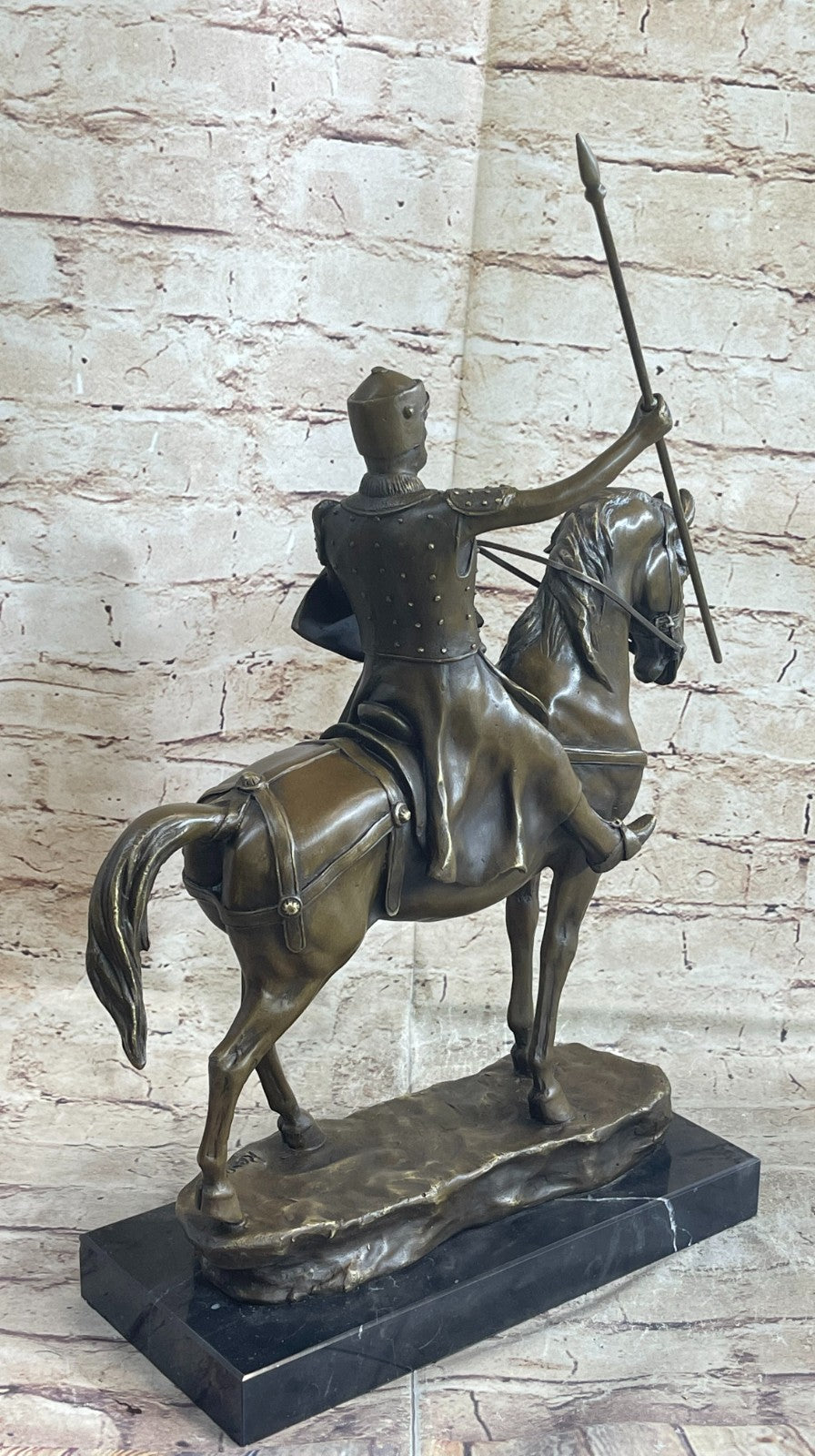 Rare Bronze Metal Statue Marble Base Medieval Middle Ages Knight Guard Battle