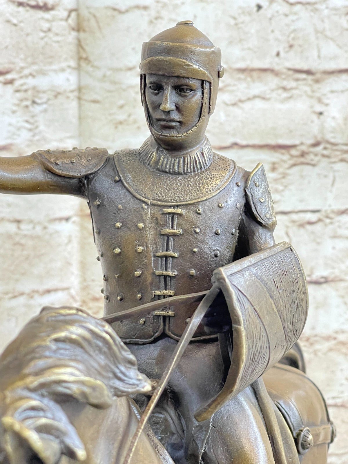 Rare Bronze Metal Statue Marble Base Medieval Middle Ages Knight Guard Battle