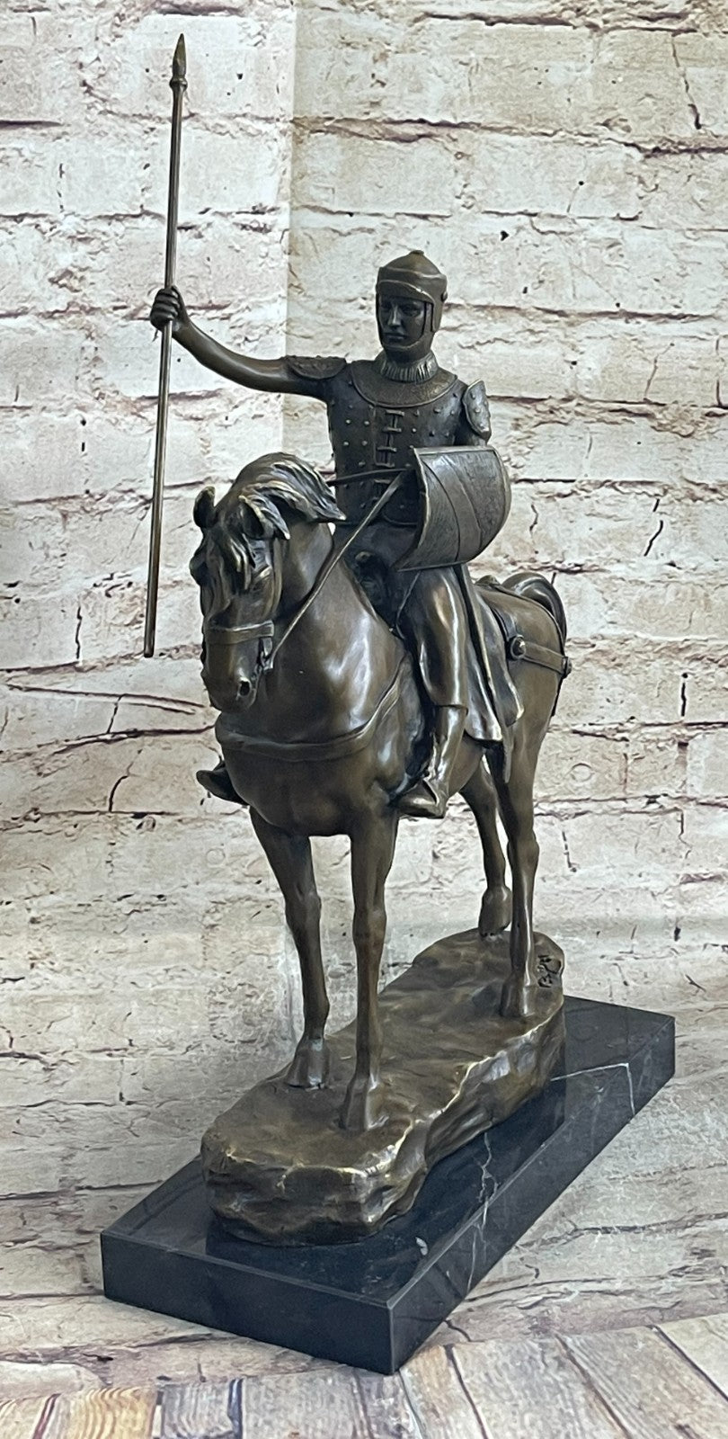 Rare Bronze Metal Statue Marble Base Medieval Middle Ages Knight Guard Battle