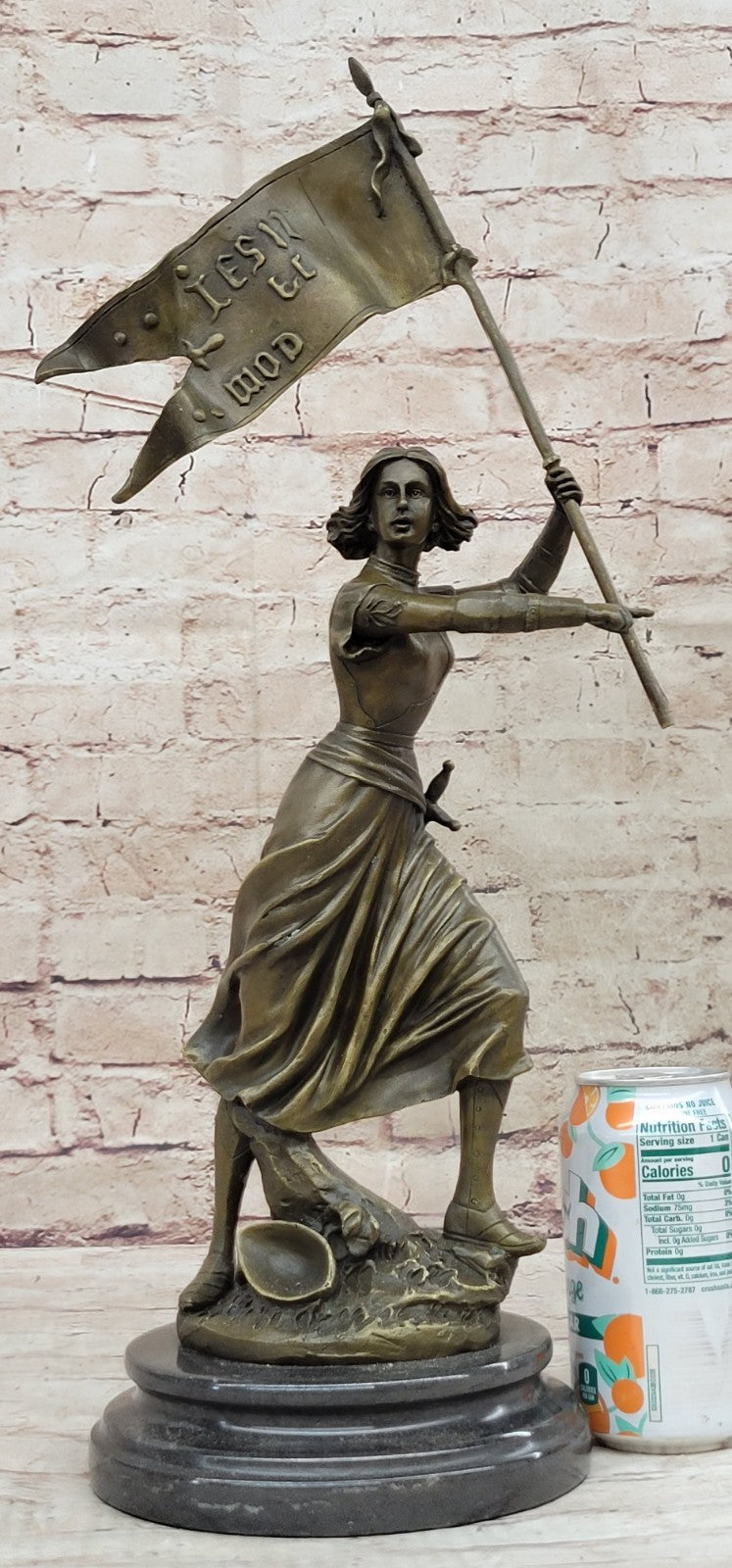 Saint Joan of Arc Figurine w/ Flag Sculpture Statue 100% Pure Bronze Figure Art